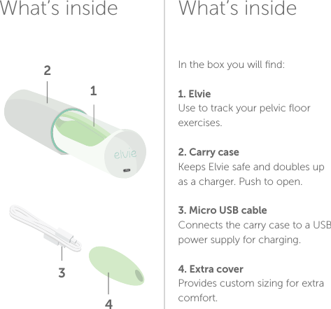 What’s inside What’s inside In the box you will ﬁnd:1. ElvieUse to track your pelvic ﬂoor exercises.2. Carry caseKeeps Elvie safe and doubles up as a charger. Push to open.3. Micro USB cableConnects the carry case to a USB power supply for charging.4. Extra coverProvides custom sizing for extra comfort.123434