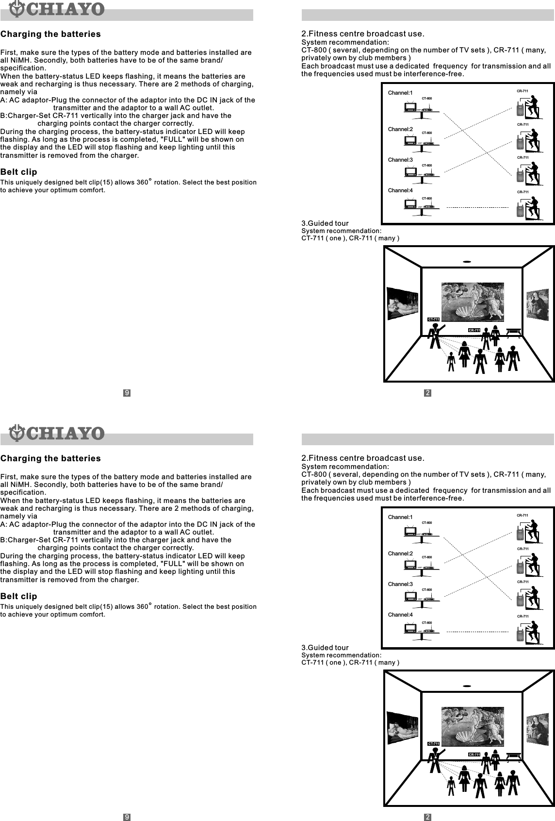 2.Fitness centre broadcast use.System recommendation:CT-800 ( several, depending on the number of TV sets ), CR-711 ( many, privately own by club members )Each broadcast must use a dedicated  frequency  for transmission and allthe frequencies used must be interference-free.3.Guided tourSystem recommendation:CT-711 ( one ), CR-711 ( many )CT-800CR-711CT-800CT-800CT-800Channel:1Channel:2Channel:3Channel:4CR-711CR-711CR-711Charging the batteriesFirst, make sure the types of the battery mode and batteries installed are all NiMH. Secondly, both batteries have to be of the same brand/specification.When the battery-status LED keeps flashing, it means the batteries are weak and recharging is thus necessary. There are 2 methods of charging, namely viaA: AC adaptor-Plug the connector of the adaptor into the DC IN jack of the                            transmitter and the adaptor to a wall AC outlet.B:Charger-Set CR-711 vertically into the charger jack and have the                    charging points contact the charger correctly.During the charging process, the battery-status indicator LED will keep flashing. As long as the process is completed, &quot;FULL&quot; will be shown on the display and the LED will stop flashing and keep lighting until this transmitter is removed from the charger.Belt clipThis uniquely designed belt clip(15) allows 360  rotation. Select the best positionto achieve your optimum comfort.°922.Fitness centre broadcast use.System recommendation:CT-800 ( several, depending on the number of TV sets ), CR-711 ( many, privately own by club members )Each broadcast must use a dedicated  frequency  for transmission and allthe frequencies used must be interference-free.3.Guided tourSystem recommendation:CT-711 ( one ), CR-711 ( many )CT-800CR-711CT-800CT-800CT-800Channel:1Channel:2Channel:3Channel:4CR-711CR-711CR-711Charging the batteriesFirst, make sure the types of the battery mode and batteries installed are all NiMH. Secondly, both batteries have to be of the same brand/specification.When the battery-status LED keeps flashing, it means the batteries are weak and recharging is thus necessary. There are 2 methods of charging, namely viaA: AC adaptor-Plug the connector of the adaptor into the DC IN jack of the                            transmitter and the adaptor to a wall AC outlet.B:Charger-Set CR-711 vertically into the charger jack and have the                    charging points contact the charger correctly.During the charging process, the battery-status indicator LED will keep flashing. As long as the process is completed, &quot;FULL&quot; will be shown on the display and the LED will stop flashing and keep lighting until this transmitter is removed from the charger.Belt clipThis uniquely designed belt clip(15) allows 360  rotation. Select the best positionto achieve your optimum comfort.°92