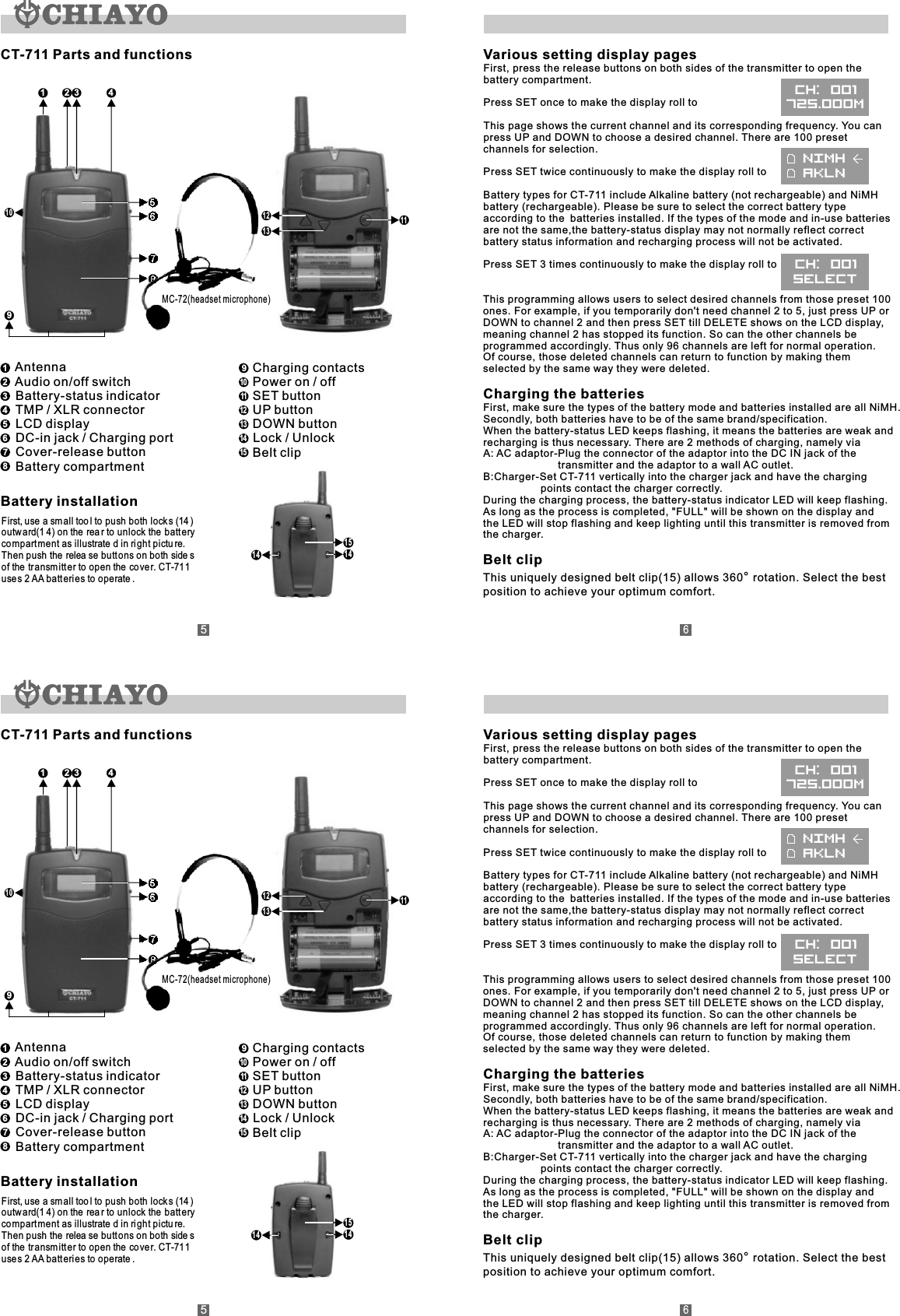 CH: 001725.000MCT-711 Parts and functionsBattery installationFirst, use a sm all too l to push both lock s (14 )outw ard(1 4) on the  rea r to unlock the batt erycompart ment as illustrate d in ri ght pictu re.Then push the  relea se butt ons on both side s of the  transmitt er to open the  cove r. CT-71 1use s 2 AA batt eri es to operate .141415612347859101312 11MC-72(headset microphone)Various setting display pagesFirst, press the release buttons on both sides of the transmitter to open the battery compartment.Press SET once to make the display roll toThis page shows the current channel and its corresponding frequency. You can press UP and DOWN to choose a desired channel. There are 100 preset channels for selection.Press SET twice continuously to make the display roll toBattery types for CT-711 include Alkaline battery (not rechargeable) and NiMH battery (rechargeable). Please be sure to select the correct battery type according to the batteries installed. If the types of the mode and in-use batteries are not the same,the battery-status display may not normally reflect correct battery status information and recharging process will not be activated.Press SET 3 times continuously to make the display roll toCharging the batteriesFirst, make sure the types of the battery mode and batteries installed are all NiMH.Secondly, both batteries have to be of the same brand/specification.　 　 　 　 　 　When the battery-status LED keeps flashing, it means the batteries are weak andrecharging is thus necessary. There are 2 methods of charging, namely via　 　 　 　 　A: AC adaptor-Plug the connector of the adaptor into the DC IN jack of the                           transmitter and the adaptor to a wall AC outlet.　B:Charger-Set CT-711 vertically into the charger jack and have the charging                     points contact the charger correctly. 　 　 　 　 　 　 　 　 　 　 　 　 　 　 　 　During the charging process, the battery-status indicator LED will keep flashing. As long as the process is completed, &quot;FULL&quot; will be shown on the display and the LED will stop flashing and keep lighting until this transmitter is removed from the charger.Belt clipThis uniquely designed belt clip(15) allows 360  rotation. Select the bestposition to achieve your optimum comfort.This programming allows users to select desired channels from those preset 100 ones. For example, if you temporarily don&apos;t need channel 2 to 5, just press UP or DOWN to channel 2 and then press SET till DELETE shows on the LCD display, meaning channel 2 has stopped its function. So can the other channels be programmed accordingly. Thus only 96 channels are left for normal operation. Of course, those deleted channels can return to function by making them selected by the same way they were deleted.° Antenna  Audio on/off switch  Battery-status indicator  TMP / XLR connector  LCD display  DC-in jack / Charging port  Cover-release button  Battery compartment1234567812345678  Charging contacts  Power on / off  SET button  UP button  DOWN button    Lock / Unlock  Belt clip91011121314159101112131415NIMHAKLNSELECTCH: 00156CH: 001725.000MCT-711 Parts and functionsBattery installationFirst, use a sm all too l to push both lock s (14 )outw ard(1 4) on the  rea r to unlock the batt erycompart ment as illustrate d in ri ght pictu re.Then push the  relea se butt ons on both side s of the  transmitt er to open the  cove r. CT-71 1use s 2 AA batt eri es to operate .141415612347859101312 11MC-72(headset microphone)Various setting display pagesFirst, press the release buttons on both sides of the transmitter to open the battery compartment.Press SET once to make the display roll toThis page shows the current channel and its corresponding frequency. You can press UP and DOWN to choose a desired channel. There are 100 preset channels for selection.Press SET twice continuously to make the display roll toBattery types for CT-711 include Alkaline battery (not rechargeable) and NiMH battery (rechargeable). Please be sure to select the correct battery type according to the batteries installed. If the types of the mode and in-use batteries are not the same,the battery-status display may not normally reflect correct battery status information and recharging process will not be activated.Press SET 3 times continuously to make the display roll toCharging the batteriesFirst, make sure the types of the battery mode and batteries installed are all NiMH.Secondly, both batteries have to be of the same brand/specification.　 　 　 　 　 　When the battery-status LED keeps flashing, it means the batteries are weak andrecharging is thus necessary. There are 2 methods of charging, namely via　 　 　 　 　A: AC adaptor-Plug the connector of the adaptor into the DC IN jack of the                           transmitter and the adaptor to a wall AC outlet.　B:Charger-Set CT-711 vertically into the charger jack and have the charging                     points contact the charger correctly. 　 　 　 　 　 　 　 　 　 　 　 　 　 　 　 　During the charging process, the battery-status indicator LED will keep flashing. As long as the process is completed, &quot;FULL&quot; will be shown on the display and the LED will stop flashing and keep lighting until this transmitter is removed from the charger.Belt clipThis uniquely designed belt clip(15) allows 360  rotation. Select the bestposition to achieve your optimum comfort.This programming allows users to select desired channels from those preset 100 ones. For example, if you temporarily don&apos;t need channel 2 to 5, just press UP or DOWN to channel 2 and then press SET till DELETE shows on the LCD display, meaning channel 2 has stopped its function. So can the other channels be programmed accordingly. Thus only 96 channels are left for normal operation. Of course, those deleted channels can return to function by making them selected by the same way they were deleted.° Antenna  Audio on/off switch  Battery-status indicator  TMP / XLR connector  LCD display  DC-in jack / Charging port  Cover-release button  Battery compartment1234567812345678  Charging contacts  Power on / off  SET button  UP button  DOWN button    Lock / Unlock  Belt clip91011121314159101112131415NIMHAKLNSELECTCH: 00156