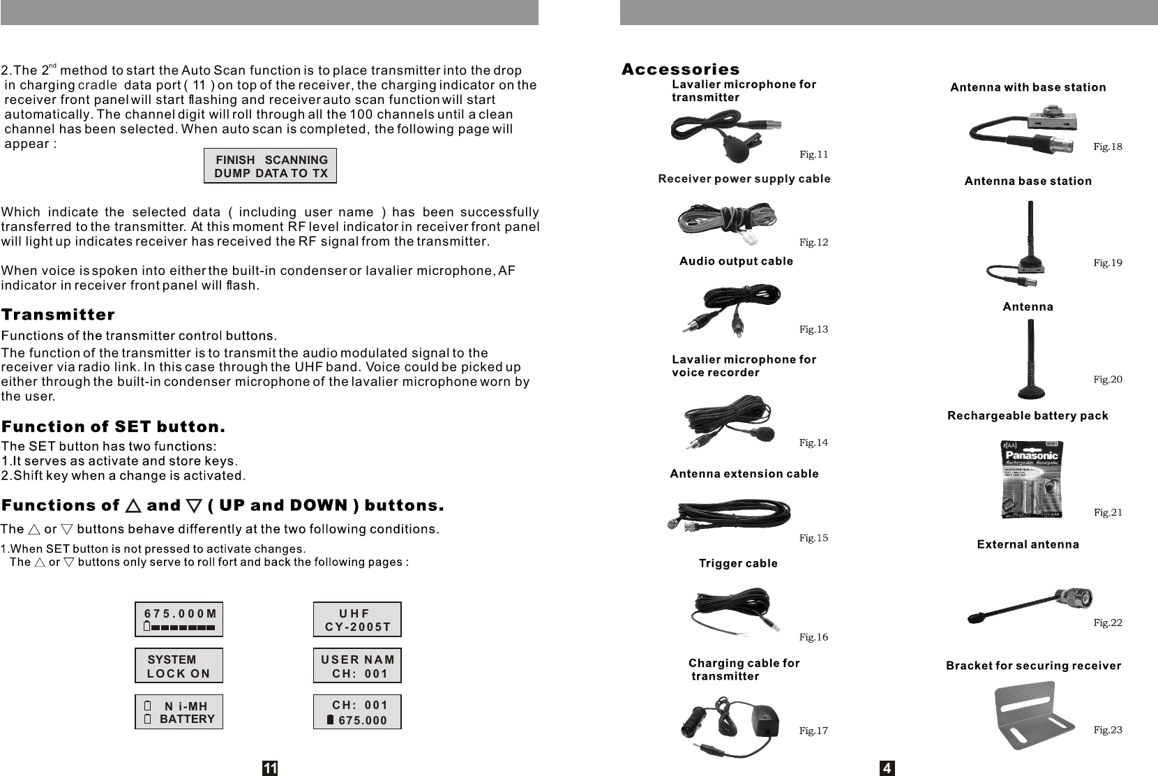 nd2.The 2  method to start the Auto Scan function is to place transmitter into the drop in charging   data port ( 11 ) on top of the receiver, the charging indicator on the receiver front panel will start flashing and receiver auto scan function will start automatically. The channel digit will roll through all the 100 channels until a clean channel has been selected. When auto scan is completed, the following page will appear :cradle 11Which indicate the selected data ( including user name ) has been successfully transferred to the transmitter. At this moment RF level indicator in receiver front panel will light up indicates receiver has received the RF signal from the transmitter.When voice is spoken into either the built-in condenser or lavalier microphone, AF indicator in receiver front panel will flash.The function of the transmitter is to transmit the audio modulated signal to the receiver via radio link. In this case through the UHF band. Voice could be picked up either through the built-in condenser microphone of the lavalier microphone worn by the user.Accessories4FINISH   SCANNINGDUMP DATA TO TXUHFCY-2005TUSER NAMCH:   001CH:   001675.000675.000MSYSTEMLOCK ONBATTERYN i-MH