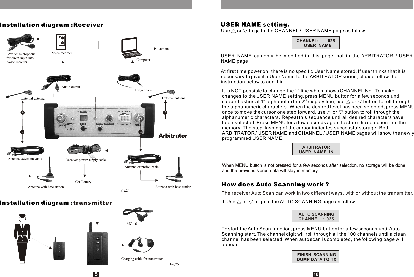 5BAABUSER NAME can only be modified in this page, not in the ARBITRATOR / USER NAME page.At first time power on, there is no specific User Name stored. If user thinks that it is necessary to give it a User Name to the ARBITRATOR series, please follow the instruction below to add it in.10stIt is NOT possible to change the 1  line which shows CHANNEL No., To make changes to the USER NAME setting, press MENU button for a few seconds until st ndcursor flashes at 1  alphabet in the 2  display line, use   or   button to roll through the alphanumeric characters. When the desired level has been selected, press MENU once to move the cursor one step forward, use   or   button to roll through the alphanumeric characters. Repeat this sequence until all desired characters have been selected. Press MENU for a few seconds again to store the selection into the memory. The stop flashing of the cursor indicates successful storage. Both ARBITRATOR / USER NAME and CHANNEL / USER NAME pages will show the newly programmed USER NAME.The receiver Auto Scan can work in two different ways, with or without the transmitter.To start the Auto Scan function, press MENU button for a few seconds until Auto Scanning start. The channel digit will roll through all the 100 channels until a clean channel has been selected. When auto scan is completed, the following page will appear :CHANNEL:        025USER  NAMEARBITRATORUSER  NAME  INAUTO SCANNINGCHANNEL  :  025FINISH  SCANNINGDUMP DATA TO TX