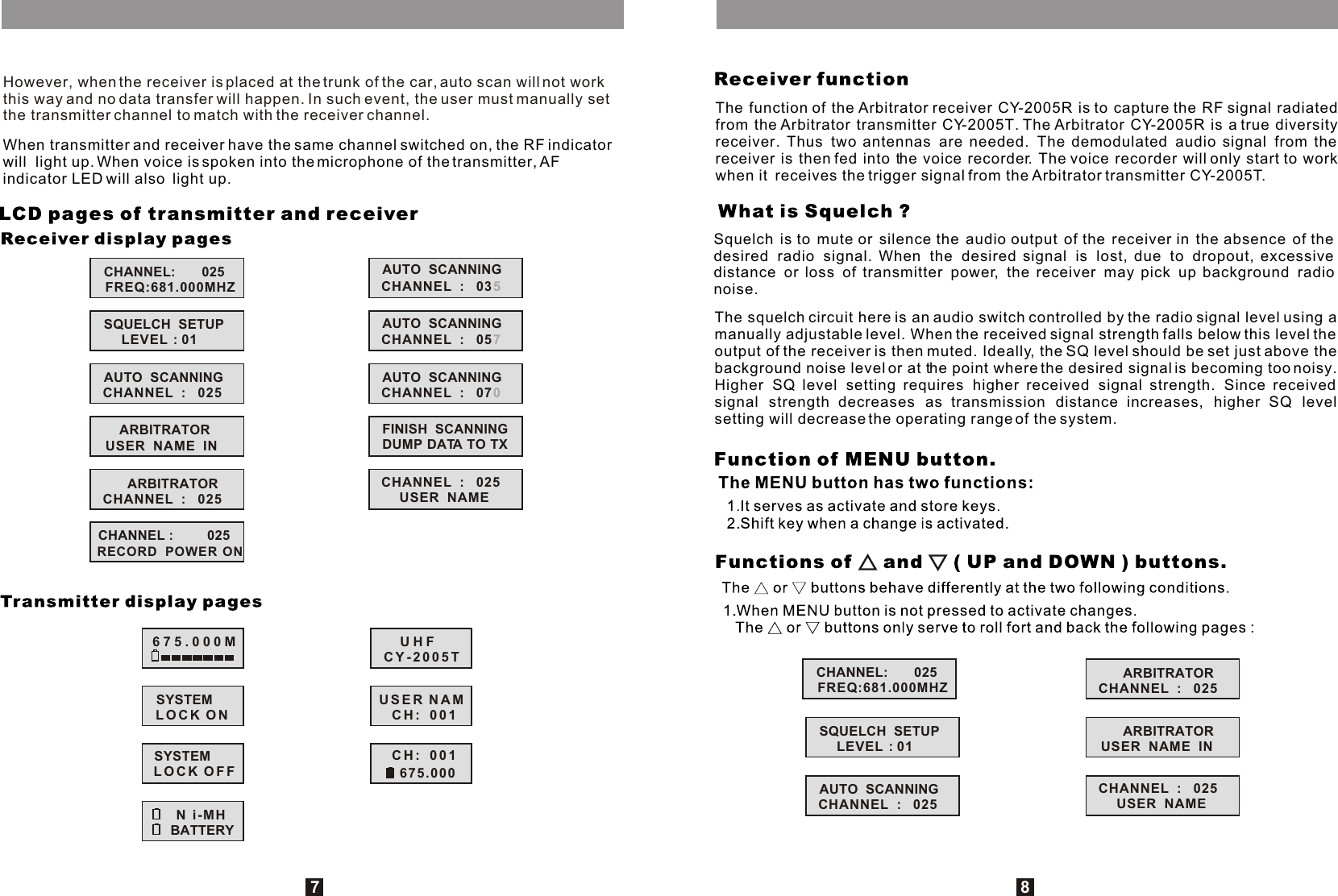 However, when the receiver is placed at the trunk of the car, auto scan will not work this way and no data transfer will happen. In such event, the user must manually set the transmitter channel to match with the receiver channel.When transmitter and receiver have the same channel switched on, the RF indicator will  light up. When voice is spoken into the microphone of the transmitter, AF indicator LED will also  light up.7The function of the Arbitrator receiver CY-2005R is to capture the RF signal radiated from the Arbitrator transmitter CY-2005T. The Arbitrator CY-2005R is a true diversity receiver. Thus two antennas are needed. The demodulated audio signal from the receiver is then fed into the voice recorder. The voice recorder will only start to work when it  receives the trigger signal from the Arbitrator transmitter CY-2005T.Squelch is to mute or silence the audio output of the receiver in the absence of the desired radio signal. When the desired signal is lost, due to dropout, excessive distance or loss of transmitter power, the receiver may pick up background radio noise.The squelch circuit here is an audio switch controlled by the radio signal level using a manually adjustable level. When the received signal strength falls below this level the output of the receiver is then muted. Ideally, the SQ level should be set just above the background noise level or at the point where the desired signal is becoming too noisy. Higher SQ level setting requires higher received signal strength. Since received signal strength decreases as transmission distance increases, higher SQ level setting will decrease the operating range of the system.8CHANNEL:       025FREQ:681.000MHZSQUELCH  SETUPLEVEL : 01AUTO  SCANNINGCHANNEL  :   025ARBITRATOR USER  NAME  INCHANNEL :         025RECORD  POWER ONARBITRATOR CHANNEL  :   025AUTO  SCANNINGCHANNEL  :   070AUTO  SCANNINGCHANNEL  :   035AUTO  SCANNINGCHANNEL  :   057FINISH  SCANNINGDUMP DATA TO TXCHANNEL  :   025USER  NAMEUHFCY-2005TUSER NAMCH:   001CH:   001675.000BATTERYN i-MH675.000MSYSTEMLOCK ONSYSTEMLOCK OFFAUTO  SCANNINGCHANNEL  :   025ARBITRATOR USER  NAME  INARBITRATOR CHANNEL  :   025CHANNEL  :   025USER  NAMECHANNEL:       025FREQ:681.000MHZSQUELCH  SETUPLEVEL : 01