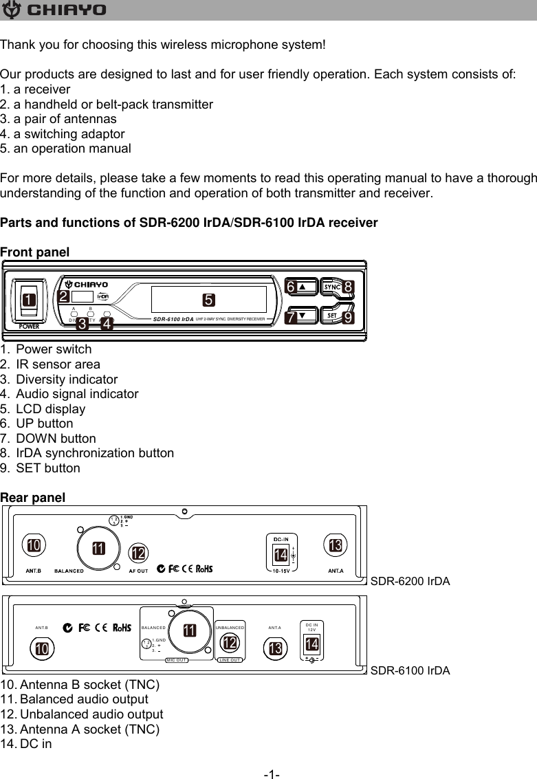   -1- Thank you for choosing this wireless microphone system!  Our products are designed to last and for user friendly operation. Each system consists of: 1. a receiver 2. a handheld or belt-pack transmitter 3. a pair of antennas 4. a switching adaptor 5. an operation manual  For more details, please take a few moments to read this operating manual to have a thorough understanding of the function and operation of both transmitter and receiver.  Parts and functions of SDR-6200 IrDA/SDR-6100 IrDA receiver  Front panel  1. Power switch 2. IR sensor area 3. Diversity indicator  4. Audio signal indicator 5. LCD display 6. UP button 7. DOWN button 8. IrDA synchronization button 9. SET button  Rear panel  SDR-6200 IrDA   SDR-6100 IrDA 10. Antenna B socket (TNC) 11. Balanced audio output 12. Unbalanced audio output 13. Antenna A socket (TNC) 14. DC in    POWERD IV E R S IT YA BA U D IO SDR-6100 IrDA UHF 2-WAY SYNC. DIVERSITYRECEIVER123 45678910 11 12 1314LINE OUTUNBALANCEDBALANCEDDC INDC IN12V12VANT.AANT.B1.GND2.3.MIC O U T101112 13 14