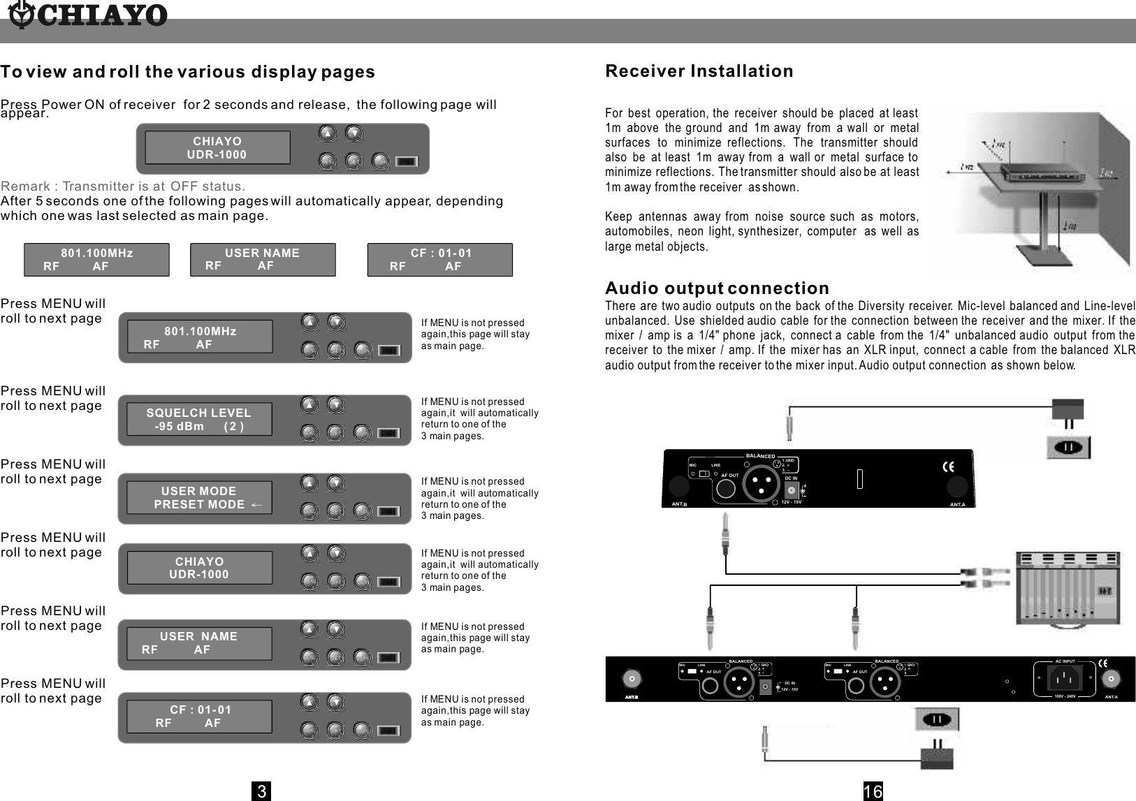 Press Power ON of receiver  for 2 seconds and release,  the following page will appear.After 5 seconds one of the following pages will automatically appear, depending which one was last selected as main page.Press MENU willroll to next pagePress MENU willroll to next pagePress MENU willroll to next pagePress MENU willroll to next pagePress MENU willroll to next pagePress MENU willroll to next pageRemark : Transmitter is at  OFF status.CHIAYOUDR-1000SQUELCH LEVEL        -95 dBm      ( 2 )CF : 01- 01       RF          AF USER MODE       PRESET MODE  USER MODE       PRESET MODE  To view and roll the various display pagesUSER  NAME    RF           AFCHIAYOUDR-1000801.100MHz     RF          AFCF : 01- 01     RF            AFUSER NAME    RF           AF 801.100MHz    RF           AF    If MENU is not pressed again,this page will stay as main page.If MENU is not pressed again,this page will stay as main page.If MENU is not pressed again,this page will stay as main page.If MENU is not pressed again,it  will automatically return to one of the 3 main pages. If MENU is not pressed again,it  will automatically return to one of the 3 main pages. If MENU is not pressed again,it  will automatically return to one of the 3 main pages. Receiver InstallationAudio output connectionThere are two audio outputs on the back of the Diversity receiver. Mic-level balanced and Line-level unbalanced. Use shielded audio cable for the connection between the receiver and the mixer. If the mixer / amp is a 1/4&quot; phone jack, connect a cable from the 1/4&quot; unbalanced audio output from the receiver to the mixer / amp. If the mixer has an XLR input, connect a cable from the balanced XLR audio output from the receiver to the mixer input. Audio output connection  as shown below. For best operation, the receiver should be placed at least 1m above the ground and 1m away from a wall or metal surfaces to minimize reflections. The transmitter should also be at least 1m away from a wall or metal surface to minimize reflections. The transmitter should also be at least 1m away from the receiver  as shown. Keep antennas away from noise source such as motors, automobiles, neon light, synthesizer, computer  as well as large metal objects.BALANCEDDC INANT.AANT.B12V - 15VAF OUTMIC LINEANT.AANT.BANT.BAC INPUT100V - 240VDC IN12V - 15VBALANCEDAF OUTMIC LINEBALANCEDAF OUTMIC LINE 