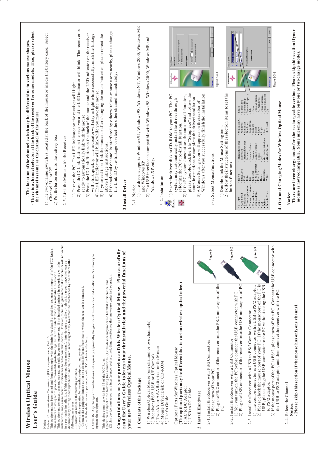 Wireless Optical MouseUser&apos;s GuideNotice:Federal Communications Commission (FCC) requirements, Part 15This equipment has been tested and found to comply with the limits for a class B digital device, pursuant to part 15 of the FCC Rules.  These limits are designed to provide reasonable protection against harmful interference in a residential installation.This equipment generates, uses and can radiate radio frequency energy and, if not installed and used in accordance with the instructions, may cause harmful interference to radio communications.  However, there is no guarantee that interference will not occur in a particular installation.  If this equipment does cause harmful interference to radio or television reception, which can be determined by turning the equipment off and on, the user is encouraged to try to correct the interference by one or more of the following measures:--Reorient or relocate the receiving antenna.--Increase the separation between the equipment and receiver.--Connect the equipment into an outlet on a circuit different from that to which the receiver is connected.--Consult the dealer or an experienced radio/TV technician for help.CAUTION: Any changes of modifications not expressly approved by the grantee of this device could void the user&apos;s authority to operate the equipment.This device complies with Part 15 of the FCC Rules.Operation is subject to the following two conditions:  (1) this device may not cause harmful interference, and (2) this device must accept any interference received, including interference that may cause undesired operation.Congratulations on your purchase of this Wireless Optical Mouse.  Please carefully read the User&apos;s Guide to learn about the installation and the powerful functions of your new Wireless Optical Mouse.1. Contents of the Package1) Wireless Optical Mouse (one channel or two channels)2) Receiver (PS/2, USB or UP Combo)3) Two AA or AAA Batteries for the Mouse4) Mouse Driver Disk or CD-ROM5) User&apos;s GuideOptional Parts for Wireless Optical Mouse(The optional parts may be different due to various wireless optical mice.)1) AC to DC Adaptor2) USB to DC Cable2. Install Hardware2-1. Install the Receiver with PS/2 Connectors1) Please turn off your PC.2) Plug the PS/2 connector of the receiver into the PS/2 mouse port of the PC.2-2. Install the Receiver with a USB Connector1) You can turn on the PC before connect the USB connector with PC.2) Plug the USB connector of the receiver into the USB mouse port of PC.2-3. Install the Receiver with a USB to PS/2 Combo Connector1) The combo connector is a USB connector with a USB to PS/2 adaptor.2) Please check the mouse port of your PC.  If the mouse port of the PC is USB, please plug the USB connector to the PC without using the USB to PS/2 adaptor.3) If the mouse port of the PC is PS/2, please turn off the PC.  Connect the USB connector with the USB to PS/2 adaptor, and then connect the receiver with the PC.2-4. Select the ChannelNotice:- Please skip this section if the mouse has only one channel.- The location of the channel switch may be different due to various mouse shapes.- There is a channel selector at the back of the receiver for some models.  If so, please select the channel as same as the channel of the mouse.1) The two-channel switch is located at the back of the mouse or inside the battery case.  Select Channel &quot;1&quot; or &quot;2&quot;.2) Put the batteries into the battery box.2-5. Link the Mouse with the Receiver1) Turn on the PC.  The LED indicator on the receiver will light.2) Press the ID Link Button on the receiver and the LED indicator will blink.  The receiver is ready to automatically link with the mouse.3) Press the ID Link Button on the back of the mouse and the LED indicator on the receiver will blink quickly.  The indicator will stay in light while successfully finish the linkage.4) The LED indicator will blink while you move the mouse.5) If you need to re-link the mouse or after changing the mouse batteries, please repeat the above linkage instructions.6) If the selected channel is interfered by other wireless-mouse users nearby, please change the Link ID by re-linkage or select the other channel immediately.3.Install Driver3-1. Notice1) The driver supports Windows 95, Windows 98, Windows NT, Windows 2000, Windows ME and Windows XP.2) The USB interface is compatible with Windows 98, Windows 2000, Windows ME and Windows XP only.3-2. Installation1) Insert the driver disk or CD-ROM to your PC.  The PC system may automatically install the driver through selecting the PC auto-install function.2) If the PC system does not set the auto-install function, please double click the file &quot;Setup.exe&quot; and follow the setup instructions to complete the driver installation.3) A Mouse Setting icon will appear on the taskbar of Windows after you successfully finish the installation.3-3. Select Mouse Functions1) Double click the Mouse Setting icon.2) Follow the instructions of the selection items to set the button functions.4. Optional Charging Modes for Wireless Optical MouseNotice:- There are three charge modes for the rechargeable version.  Please skip this section if your mouse is not rechargeable.  Some mice may have only one or two charge modes.Wireless Optical MouseUser&apos;s GuideNotice:Federal Communications Commission (FCC) requirements, Part 15This equipment has been tested and found to comply with the limits for a class B digital device, pursuant to part 15 of the FCC Rules.  These limits are designed to provide reasonable protection against harmful interference in a residential installation.This equipment generates, uses and can radiate radio frequency energy and, if not installed and used in accordance with the instructions, may cause harmful interference to radio communications.  However, there is no guarantee that interference will not occur in a particular installation.  If this equipment does cause harmful interference to radio or television reception, which can be determined by turning the equipment off and on, the user is encouraged to try to correct the interference by one or more of the following measures:--Reorient or relocate the receiving antenna.--Increase the separation between the equipment and receiver.--Connect the equipment into an outlet on a circuit different from that to which the receiver is connected.--Consult the dealer or an experienced radio/TV technician for help.CAUTION: Any changes of modifications not expressly approved by the grantee of this device could void the user&apos;s authority to operate the equipment.This device complies with Part 15 of the FCC Rules.Operation is subject to the following two conditions:  (1) this device may not cause harmful interference, and (2) this device must accept any interference received, including interference that may cause undesired operation.Congratulations on your purchase of this Wireless Optical Mouse.  Please carefully read the User&apos;s Guide to learn about the installation and the powerful functions of your new Wireless Optical Mouse.1. Contents of the Package1) Wireless Optical Mouse (one channel or two channels)2) Receiver (PS/2, USB or UP Combo)3) Two AA or AAA Batteries for the Mouse4) Mouse Driver Disk or CD-ROM5) User&apos;s GuideOptional Parts for Wireless Optical Mouse(The optional parts may be different due to various wireless optical mice.)1) AC to DC Adaptor2) USB to DC Cable2. Install Hardware2-1. Install the Receiver with PS/2 Connectors1) Please turn off your PC.2) Plug the PS/2 connector of the receiver into the PS/2 mouse port of the PC.2-2. Install the Receiver with a USB Connector1) You can turn on the PC before connect the USB connector with PC.2) Plug the USB connector of the receiver into the USB mouse port of PC.2-3. Install the Receiver with a USB to PS/2 Combo Connector1) The combo connector is a USB connector with a USB to PS/2 adaptor.2) Please check the mouse port of your PC.  If the mouse port of the PC is USB, please plug the USB connector to the PC without using the USB to PS/2 adaptor.3) If the mouse port of the PC is PS/2, please turn off the PC.  Connect the USB connector with the USB to PS/2 adaptor, and then connect the receiver with the PC.2-4. Select the ChannelNotice:- Please skip this section if the mouse has only one channel.- The location of the channel switch may be different due to various mouse shapes.- There is a channel selector at the back of the receiver for some models.  If so, please select the channel as same as the channel of the mouse.1) The two-channel switch is located at the back of the mouse or inside the battery case.  Select Channel &quot;1&quot; or &quot;2&quot;.2) Put the batteries into the battery box.2-5. Link the Mouse with the Receiver1) Turn on the PC.  The LED indicator on the receiver will light.2) Press the ID Link Button on the receiver and the LED indicator will blink.  The receiver is ready to automatically link with the mouse.3) Press the ID Link Button on the back of the mouse and the LED indicator on the receiver will blink quickly.  The indicator will stay in light while successfully finish the linkage.4) The LED indicator will blink while you move the mouse.5) If you need to re-link the mouse or after changing the mouse batteries, please repeat the above linkage instructions.6) If the selected channel is interfered by other wireless-mouse users nearby, please change the Link ID by re-linkage or select the other channel immediately.3.Install Driver3-1. Notice1) The driver supports Windows 95, Windows 98, Windows NT, Windows 2000, Windows ME and Windows XP.2) The USB interface is compatible with Windows 98, Windows 2000, Windows ME and Windows XP only.3-2. Installation1) Insert the driver disk or CD-ROM to your PC.  The PC system may automatically install the driver through selecting the PC auto-install function.2) If the PC system does not set the auto-install function, please double click the file &quot;Setup.exe&quot; and follow the setup instructions to complete the driver installation.3) A Mouse Setting icon will appear on the taskbar of Windows after you successfully finish the installation.3-3. Select Mouse Functions1) Double click the Mouse Setting icon.2) Follow the instructions of the selection items to set the button functions.4. Optional Charging Modes for Wireless Optical MouseNotice:- There are three charge modes for the rechargeable version.  Please skip this section if your mouse is not rechargeable.  Some mice may have only one or two charge modes.F1~F10Auto ScrollBackspaceClose ApplicationConnect to InternetControl LockControl PanelCopyCutDeleteDouble ClickDownDrag LockEndEnterEscExplorerFind ComputerFind FileHomeHorizontal     WheelInterent Explorer    BackwardInterent Explorer    ForwardLanuch Default    BrowserLanuch Default    E-mailLeftMaximize WindowsMiddle ButtonMinimize All    WindowsMinimize     WindowsPage DownPage UpPasteRedoRightRun...Shift LockSpaceStart Menu System HelpSystem Property Tab Undo Undo Minimize     All Windows Universal Scroll Universal Zoom UpFigure 3-3-1 Figure 3-3-2Figure 2-1 Figure 2-2Figure 2-3 