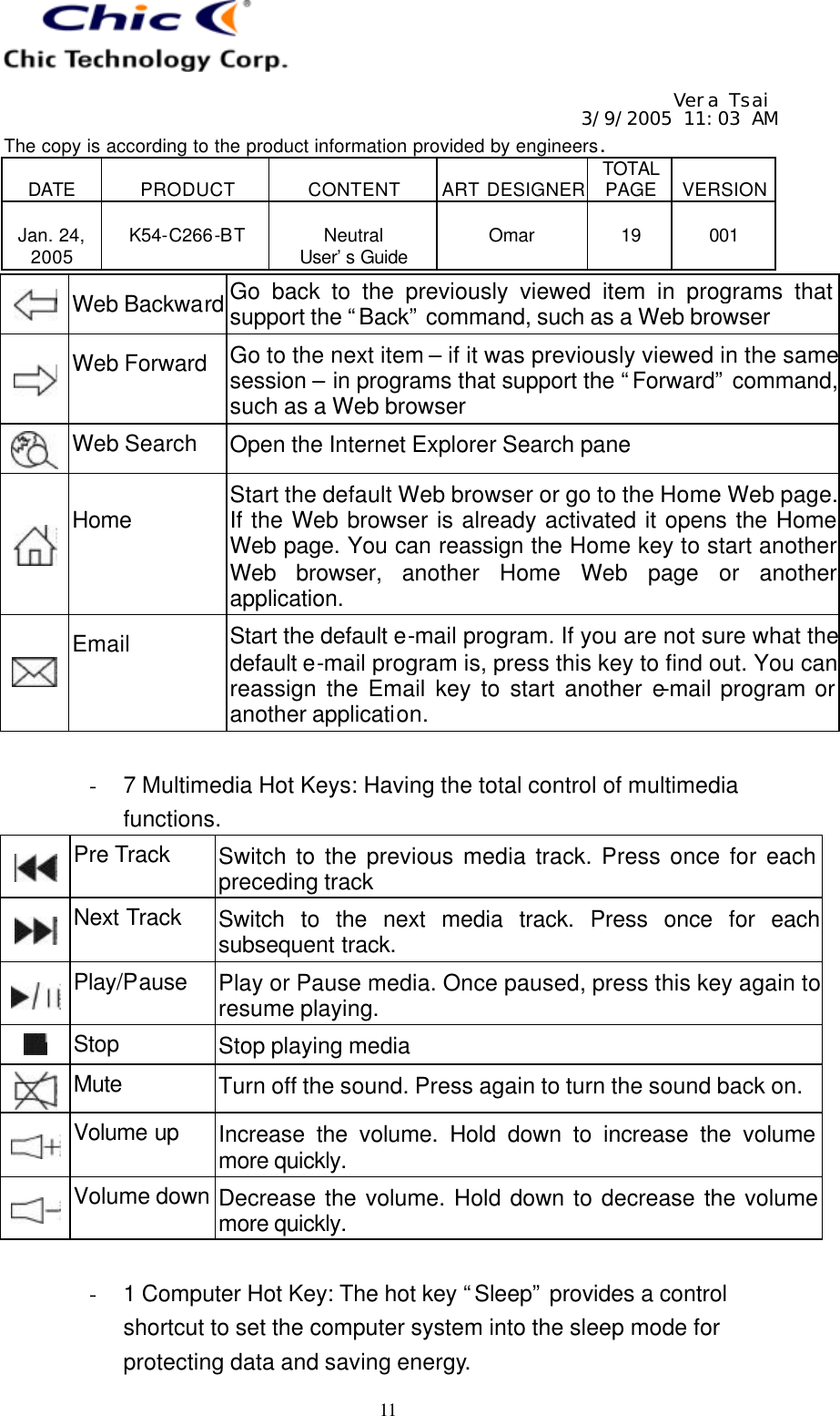   Vera Tsai 3/9/2005 11:03 AM The copy is according to the product information provided by engineers.  DATE  PRODUCT  CONTENT  ART DESIGNER TOTAL PAGE  VERSION  Jan. 24, 2005  K54-C266-BT  Neutral User’s Guide  Omar  19  001   11  Web Backward Go back to the previously viewed item in programs that support the “Back” command, such as a Web browser  Web Forward Go to the next item – if it was previously viewed in the same session – in programs that support the “Forward” command, such as a Web browser  Web Search Open the Internet Explorer Search pane  Home Start the default Web browser or go to the Home Web page. If the Web browser is already activated it opens the Home Web page. You can reassign the Home key to start another Web browser, another Home Web page or another application.  Email Start the default e-mail program. If you are not sure what the default e-mail program is, press this key to find out. You can reassign the Email key to start another e-mail program or another application.  - 7 Multimedia Hot Keys: Having the total control of multimedia functions.  Pre Track Switch to the previous media track. Press once for each preceding track  Next Track Switch to the next media track. Press once for each subsequent track.  Play/Pause Play or Pause media. Once paused, press this key again to resume playing.  Stop Stop playing media  Mute Turn off the sound. Press again to turn the sound back on.  Volume up Increase the volume. Hold down to increase the volume more quickly.  Volume down Decrease the volume. Hold down to decrease the volume more quickly.  - 1 Computer Hot Key: The hot key “Sleep” provides a control shortcut to set the computer system into the sleep mode for protecting data and saving energy. 