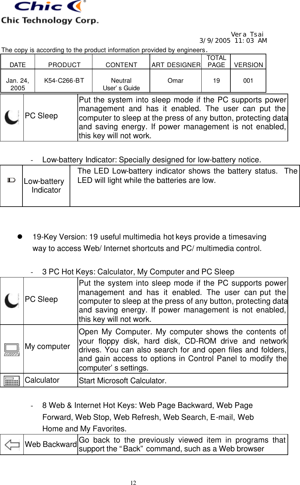   Vera Tsai 3/9/2005 11:03 AM The copy is according to the product information provided by engineers.  DATE  PRODUCT  CONTENT  ART DESIGNER TOTAL PAGE  VERSION  Jan. 24, 2005  K54-C266-BT  Neutral User’s Guide  Omar  19  001   12  PC Sleep Put the system into sleep mode if the PC supports power management and has it enabled. The user can put the computer to sleep at the press of any button, protecting data and saving energy. If power management is not enabled, this key will not work.  - Low-battery Indicator: Specially designed for low-battery notice.  Low-battery Indicator The LED Low-battery indicator shows the battery status.  The LED will light while the batteries are low.   l 19-Key Version: 19 useful multimedia hot keys provide a timesaving way to access Web/ Internet shortcuts and PC/ multimedia control.  - 3 PC Hot Keys: Calculator, My Computer and PC Sleep  PC Sleep Put the system into sleep mode if the PC supports power management and has it enabled. The user can put the computer to sleep at the press of any button, protecting data and saving energy. If power management is not enabled, this key will not work.  My computer Open My Computer. My computer shows the contents of your floppy disk, hard disk, CD-ROM drive and network drives. You can also search for and open files and folders, and gain access to options in Control Panel to modify the computer’s settings.  Calculator Start Microsoft Calculator.  - 8 Web &amp; Internet Hot Keys: Web Page Backward, Web Page Forward, Web Stop, Web Refresh, Web Search, E-mail, Web Home and My Favorites.  Web Backward Go back to the previously viewed item in programs that support the “Back” command, such as a Web browser 