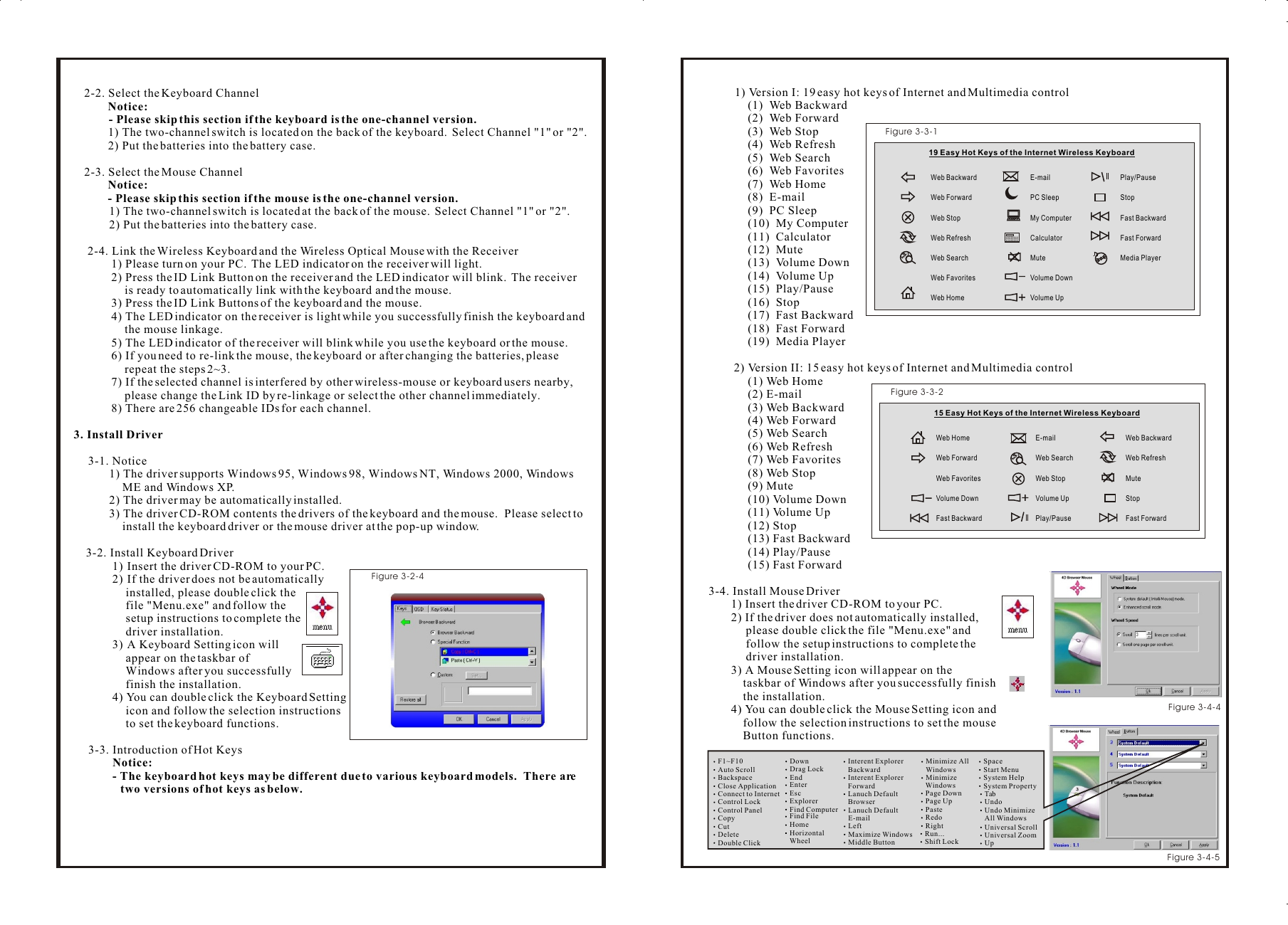 Web HomeWeb ForwardWeb FavoritesVolume DownFast BackwardE-mailWeb SearchWeb StopVolume UpPlay/PauseWeb BackwardWeb RefreshMuteStopFast Forward15 Easy Hot Keys of the Internet Wireless Keyboard 3Figure 3-3-22-2. Select the Keyboard Channel        Notice:- Please skip this section if the keyboard is the one-channel version.1) The two-channel switch is located on the back of the keyboard.  Select Channel &quot;1&quot; or &quot;2&quot;.2) Put the batteries into the battery case.2-3. Select the Mouse Channel         Notice:         - Please skip this section if the mouse is the one-channel version.1) The two-channel switch is located at the back of the mouse.  Select Channel &quot;1&quot; or &quot;2&quot;.2) Put the batteries into the battery case.2-4. Link the Wireless Keyboard and the Wireless Optical Mouse with the Receiver1) Please turn on your PC.  The LED indicator on the receiver will light.  2) Press the ID Link Button on the receiver and the LED indicator will blink.  The receiver is ready to automatically link with the keyboard and the mouse.3) Press the ID Link Buttons of the keyboard and the mouse.4) The LED indicator on the receiver is light while you successfully finish the keyboard and the mouse linkage.5) The LED indicator of the receiver will blink while you use the keyboard or the mouse.6) If you need to re-link the mouse, the keyboard or after changing the batteries, please repeat the steps 2~3.7) If the selected channel is interfered by other wireless-mouse or keyboard users nearby, please change the Link ID by re-linkage or select the other channel immediately.8) There are 256 changeable IDs for each channel.3. Install Driver3-1. Notice1) The driver supports Windows 95, Windows 98, Windows NT, Windows 2000, Windows ME and Windows XP.2) The driver may be automatically installed.3) The driver CD-ROM contents the drivers of the keyboard and the mouse.  Please select to install the keyboard driver or the mouse driver at the pop-up window.3-2. Install Keyboard Driver1) Insert the driver CD-ROM to your PC.2) If the driver does not be automatically installed, please double click the file &quot;Menu.exe&quot; and follow the setup instructions to complete the driver installation.3) A Keyboard Setting icon will appear on the taskbar of Windows after you successfully finish the installation.4) You can double click the Keyboard Setting icon and follow the selection instructions to set the keyboard functions.3-3. Introduction of Hot Keys        Notice:         - The keyboard hot keys may be different due to various keyboard models.  There are        two versions of hot keys as below.  3Figure 3-2-4        1) Version I: 19 easy hot keys of Internet and Multimedia control(1)  Web Backward(2)  Web Forward(3)  Web Stop(4)  Web Refresh(5)  Web Search(6)  Web Favorites(7)  Web Home(8)  E-mail(9)  PC Sleep(10)  My Computer(11)  Calculator(12)  Mute(13)  Volume Down(14)  Volume Up(15)  Play/Pause(16)  Stop(17)  Fast Backward(18)  Fast Forward(19)  Media Player 2) Version II: 15 easy hot keys of Internet and Multimedia control(1) Web Home(2) E-mail(3) Web Backward(4) Web Forward(5) Web Search(6) Web Refresh(7) Web Favorites(8) Web Stop(9) Mute(10) Volume Down(11) Volume Up(12) Stop(13) Fast Backward(14) Play/Pause(15) Fast Forward3-4. Install Mouse Driver1) Insert the driver CD-ROM to your PC.2) If the driver does not automatically installed,      please double click the file &quot;Menu.exe&quot; and      follow the setup instructions to complete the      driver installation.3) A Mouse Setting icon will appear on the     taskbar of Windows after you successfully finish     the installation.4) You can double click the Mouse Setting icon and    follow the selection instructions to set the mouse     Button functions.Web BackwardWeb Forward Web Stop Web RefreshWeb SearchWeb FavoritesWeb HomeE-mailPC SleepMy Computer CalculatorMuteVolume DownVolume UpPlay/PauseStopFast BackwardFast ForwardMedia Player19 Easy Hot Keys of the Internet Wireless Keyboard 3Figure 3-3-1Web HomeWeb ForwardWeb FavoritesVolume DownFast BackwardE-mailWeb SearchWeb StopVolume UpPlay/PauseWeb BackwardWeb RefreshMuteStopFast Forward15 Easy Hot Keys of the Internet Wireless Keyboard 3Figure 3-3-22-2. Select the Keyboard Channel        Notice:- Please skip this section if the keyboard is the one-channel version.1) The two-channel switch is located on the back of the keyboard.  Select Channel &quot;1&quot; or &quot;2&quot;.2) Put the batteries into the battery case.2-3. Select the Mouse Channel         Notice:         - Please skip this section if the mouse is the one-channel version.1) The two-channel switch is located at the back of the mouse.  Select Channel &quot;1&quot; or &quot;2&quot;.2) Put the batteries into the battery case.2-4. Link the Wireless Keyboard and the Wireless Optical Mouse with the Receiver1) Please turn on your PC.  The LED indicator on the receiver will light.  2) Press the ID Link Button on the receiver and the LED indicator will blink.  The receiver is ready to automatically link with the keyboard and the mouse.3) Press the ID Link Buttons of the keyboard and the mouse.4) The LED indicator on the receiver is light while you successfully finish the keyboard and the mouse linkage.5) The LED indicator of the receiver will blink while you use the keyboard or the mouse.6) If you need to re-link the mouse, the keyboard or after changing the batteries, please repeat the steps 2~3.7) If the selected channel is interfered by other wireless-mouse or keyboard users nearby, please change the Link ID by re-linkage or select the other channel immediately.8) There are 256 changeable IDs for each channel.3. Install Driver3-1. Notice1) The driver supports Windows 95, Windows 98, Windows NT, Windows 2000, Windows ME and Windows XP.2) The driver may be automatically installed.3) The driver CD-ROM contents the drivers of the keyboard and the mouse.  Please select to install the keyboard driver or the mouse driver at the pop-up window.3-2. Install Keyboard Driver1) Insert the driver CD-ROM to your PC.2) If the driver does not be automatically installed, please double click the file &quot;Menu.exe&quot; and follow the setup instructions to complete the driver installation.3) A Keyboard Setting icon will appear on the taskbar of Windows after you successfully finish the installation.4) You can double click the Keyboard Setting icon and follow the selection instructions to set the keyboard functions.3-3. Introduction of Hot Keys        Notice:         - The keyboard hot keys may be different due to various keyboard models.  There are        two versions of hot keys as below.  3Figure 3-2-4        1) Version I: 19 easy hot keys of Internet and Multimedia control(1)  Web Backward(2)  Web Forward(3)  Web Stop(4)  Web Refresh(5)  Web Search(6)  Web Favorites(7)  Web Home(8)  E-mail(9)  PC Sleep(10)  My Computer(11)  Calculator(12)  Mute(13)  Volume Down(14)  Volume Up(15)  Play/Pause(16)  Stop(17)  Fast Backward(18)  Fast Forward(19)  Media Player 2) Version II: 15 easy hot keys of Internet and Multimedia control(1) Web Home(2) E-mail(3) Web Backward(4) Web Forward(5) Web Search(6) Web Refresh(7) Web Favorites(8) Web Stop(9) Mute(10) Volume Down(11) Volume Up(12) Stop(13) Fast Backward(14) Play/Pause(15) Fast Forward3-4. Install Mouse Driver1) Insert the driver CD-ROM to your PC.2) If the driver does not automatically installed,      please double click the file &quot;Menu.exe&quot; and      follow the setup instructions to complete the      driver installation.3) A Mouse Setting icon will appear on the     taskbar of Windows after you successfully finish     the installation.4) You can double click the Mouse Setting icon and    follow the selection instructions to set the mouse     Button functions.Web BackwardWeb Forward Web Stop Web RefreshWeb SearchWeb FavoritesWeb HomeE-mailPC SleepMy Computer CalculatorMuteVolume DownVolume UpPlay/PauseStopFast BackwardFast ForwardMedia Player19 Easy Hot Keys of the Internet Wireless Keyboard 3Figure 3-3-1F1~F10Auto ScrollBackspaceClose ApplicationConnect to InternetControl LockControl PanelCopyCutDeleteDouble ClickDownDrag LockEndEnterEscExplorerFind ComputerFind FileHomeHorizontal     WheelInterent Explorer    BackwardInterent Explorer    ForwardLanuch Default    BrowserLanuch Default    E-mailLeftMaximize WindowsMiddle ButtonMinimize All    WindowsMinimize     WindowsPage DownPage UpPasteRedoRightRun...Shift LockSpaceStart Menu System HelpSystem Property Tab Undo Undo Minimize     All Windows Universal Scroll Universal Zoom Up3Figure 3-4-43Figure 3-4-5 