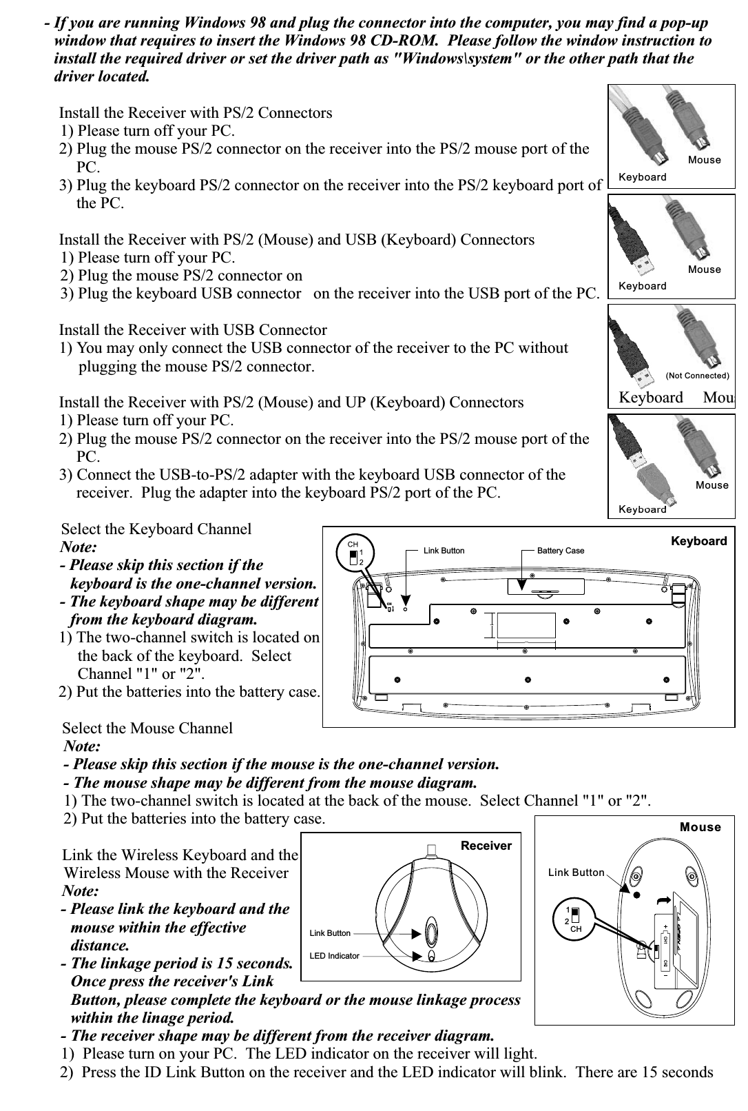 - If you are running Windows 98 and plug the connector into the computer, you may find a pop-up window that requires to insert the Windows 98 CD-ROM.  Please follow the window instruction to install the required driver or set the driver path as &quot;Windows\system&quot; or the other path that the driver located.  Install the Receiver with PS/2 Connectors1) Please turn off your PC.2) Plug the mouse PS/2 connector on the receiver into the PS/2 mouse port of the PC.3) Plug the keyboard PS/2 connector on the receiver into the PS/2 keyboard port of the PC.  Install the Receiver with USB Connector1) You may only connect the USB connector of the receiver to the PC without plugging the mouse PS/2 connector.  Install the Receiver with PS/2 (Mouse) and UP (Keyboard) Connectors1) Please turn off your PC.2) Plug the mouse PS/2 connector on the receiver into the PS/2 mouse port of the PC.3) Connect the USB-to-PS/2 adapter with the keyboard USB connector of the receiver.  Plug the adapter into the keyboard PS/2 port of the PC.  Select the Keyboard ChannelNote:- Please skip this section if the keyboard is the one-channel version.- The keyboard shape may be different from the keyboard diagram.1) The two-channel switch is located on the back of the keyboard.  Select Channel &quot;1&quot; or &quot;2&quot;.2) Put the batteries into the battery case.  Select the Mouse ChannelNote:- Please skip this section if the mouse is the one-channel version.- The mouse shape may be different from the mouse diagram.1) The two-channel switch is located at the back of the mouse.  Select Channel &quot;1&quot; or &quot;2&quot;.2) Put the batteries into the battery case.  Link the Wireless Keyboard and the Wireless Mouse with the ReceiverNote:- Please link the keyboard and the mouse within the effective distance.- The linkage period is 15 seconds.Once press the receiver&apos;s Link Button, please complete the keyboard or the mouse linkage process within the linage period.- The receiver shape may be different from the receiver diagram.1)  Please turn on your PC.  The LED indicator on the receiver will light.2)  Press the ID Link Button on the receiver and the LED indicator will blink.  There are 15 secondsInstall the Receiver with PS/2 (Mouse) and USB (Keyboard) Connectors1) Please turn off your PC.2) Plug the mouse PS/2 connector on 3) Plug the keyboard USB connector   on the receiver into the USB port of the PC.Link Button Battery Case80.000035.0000CH12Keyboard12CHLink Button MouseCH1 CH2ReceiverLink ButtonLED IndicatorKeyboardMouseKeyboardMouseKeyboard  Mous(Not Connected)Keyboard          Mouse