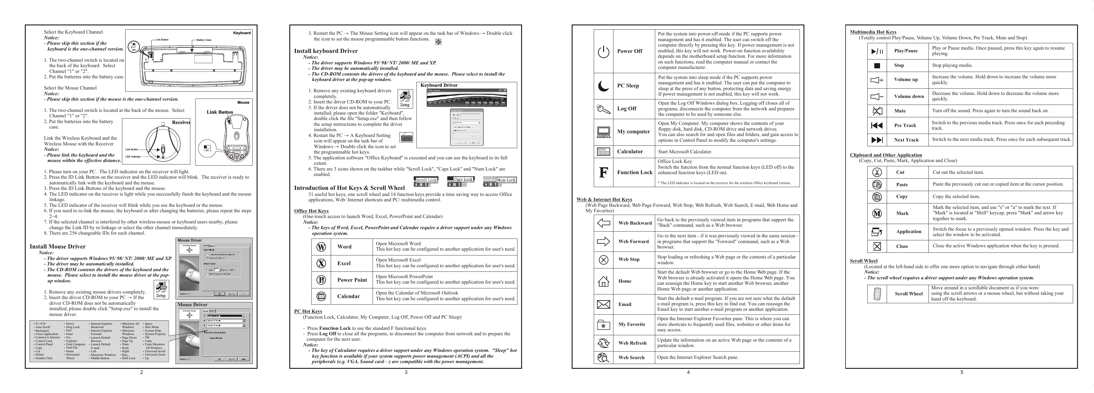 %  Select the Keyboard ChannelNotice: - Please skip this section if the keyboard is the one-channel version.1. The two-channel switch is located on the back of the keyboard.  Select Channel &quot;1&quot; or &quot;2&quot;.2. Put the batteries into the battery case.%  Select the Mouse ChannelNotice:- Please skip this section if the mouse is the one-channel version.1. The two-channel switch is located at the back of the mouse.  Select Channel &quot;1&quot; or &quot;2&quot;.2. Put the batteries into the battery case.%  Link the Wireless Keyboard and the Wireless Mouse with the ReceiverNotice:- Please link the keyboard and the mouse within the effective distance.1. Please turn on your PC.  The LED indicator on the receiver will light.  2. Press the ID Link Button on the receiver and the LED indicator will blink.  The receiver is ready to automatically link with the keyboard and the mouse.3. Press the ID Link Buttons of the keyboard and the mouse.4. The LED indicator on the receiver is light while you successfully finish the keyboard and the mouse linkage.5. The LED indicator of the receiver will blink while you use the keyboard or the mouse.6. If you need to re-link the mouse, the keyboard or after changing the batteries, please repeat the steps 2~4.7. If the selected channel is interfered by other wireless-mouse or keyboard users nearby, please change the Link ID by re-linkage or select the other channel immediately.8. There are 256 changeable IDs for each channel.Install Mouse DriverNotice:- The driver supports Windows 95/ 98/ NT/ 2000/ ME and XP.- The driver may be automatically installed.- The CD-ROM contents the drivers of the keyboard and the mouse.  Please select to install the mouse driver at the pop-up window.1. Remove any existing mouse drivers completely.2. Insert the driver CD-ROM to your PC   If the driver CD-ROM does not be automatically installed, please double click &quot;Setup.exe&quot; to install the mouse driver.3. Restart the PC   The Mouse Setting icon will appear on the task bar of Windows   Double click the icon to set the mouse programmable button functions.Install keyboard DriverNotice:- The driver supports Windows 95/ 98/ NT/ 2000/ ME and XP.- The driver may be automatically installed.- The CD-ROM contents the drivers of the keyboard and the mouse.  Please select to install the keyboard driver at the pop-up window.1. Remove any existing keyboard drivers completely.2. Insert the driver CD-ROM to your PC.3. If the driver does not be automatically installed, please open the folder &quot;Keyboard&quot;, double click the file &quot;Setup.exe&quot; and then follow the setup instructions to complete the driver installation.4. Restart the PC   A Keyboard Setting icon will appear on the task bar of Windows   Double click the icon to set the programmable hot keys.5. The application software &quot;Office Keyboard&quot; is executed and you can use the keyboard to its full extent.6. There are 3 icons shown on the taskbar while &quot;Scroll Lock&quot;, &quot;Caps Lock&quot; and &quot;Num Lock&quot; are enabled.Introduction of Hot Keys &amp; Scroll Wheel31 useful hot keys, one scroll wheel and 14 function keys provide a time saving way to access Office applications, Web/ Internet shortcuts and PC/ multimedia control.Office Hot Keys(One-touch access to launch Word, Excel, PowerPoint and Calendar)Notice: - The keys of Word, Excel, PowerPoint and Calendar require a driver support under any Windows operation system.PC Hot Keys(Function Lock, Calculator, My Computer, Log Off, Power Off and PC Sleep)-  Press Function Lock to use the standard F functional keys.-  Press Log Off to close all the programs, to disconnect the computer from network and to prepare the computer for the next user.Notice: - The key of Calculator requires a driver support under any Windows operation system.  &quot;Sleep&quot; hot key function is available if your system supports power management (ACPI) and all the peripherals (e.g. VGA, Sound card ) are compatible with the power management.Open Microsoft WordThis hot key can be configured to another application for user&apos;s need.WordExcelPower PointCalendar Open the Calendar of Microsoft Outlook This hot key can be configured to another application for user&apos;s need.Open Microsoft ExcelThis hot key can be configured to another application for user&apos;s need.Open Microsoft PowerPointThis hot key can be configured to another application for user&apos;s need.Web &amp; Internet Hot Keys(Web Page Backward, Web Page Forward, Web Stop, Web Refresh, Web Search, E-mail, Web Home and My Favorites)Web BackwardWeb ForwardWeb StopHomeEmailMy FavoriteWeb RefreshWeb SearchGo back to the previously viewed item in programs that support the &quot;Back&quot; command, such as a Web browser.Open the Internet Explorer Search pane.Go to the next item - if it was previously viewed in the same session - in programs that support the &quot;Forward&quot; command, such as a Web browser.Stop loading or refreshing a Web page or the contents of a particular window.Start the default Web browser or go to the Home Web page. If the Web browser is already activated it opens the Home Web page. You can reassign the Home key to start another Web browser, another Home Web page or another application.Start the default e-mail program. If you are not sure what the default e-mail program is, press this key to find out. You can reassign the Email key to start another e-mail program or another application.Open the Internet Explorer Favorites pane. This is where you can store shortcuts to frequently used files, websites or other items for easy access.Update the information on an active Web page or the contents of a particular window.Put the system into power-off mode if the PC supports power management and has it enabled. The user can switch off the computer directly by pressing this key. If power management is not enabled, this key will not work. Power-on function availability depends on the motherboard setup function. For more information on such functions, read the computer manual or contact the computer manufacturer.Put the system into sleep mode if the PC supports power management and has it enabled. The user can put the computer to sleep at the press of any button, protecting data and saving energy. If power management is not enabled, this key will not work.Open the Log Off Windows dialog box. Logging off closes all of programs, disconnects the computer from the network and prepares the computer to be used by someone else.Open My Computer. My computer shows the contents of your floppy disk, hard disk, CD-ROM drive and network drives. You can also search for and open files and folders, and gain access to options in Control Panel to modify the computer&apos;s settings.Start Microsoft Calculator.Power OffPC SleepLog OffMy computerCalculatorOffice Lock KeySwitch the function from the normal function keys (LED off) to the enhanced function keys (LED on). * The LED indicator is located on the receiver for the wireless Office keyboard version.Function LockMultimedia Hot Keys(Totally control Play/Pause, Volume Up, Volume Down, Pre Track, Mute and Stop)Clipboard and Other Application(Copy, Cut, Paste, Mark, Application and Close)Scroll Wheel(Located at the left-hand side to offer one more option to navigate through either hand)Notice: - The scroll wheel requires a driver support under any Windows operation system.CutClosePasteCopyMarkApplicationCut out the selected item.Paste the previously cut out or copied item at the cursor position.Copy the selected item.Mark the selected item, and use &quot;s&quot; or &quot;a&quot; to mark the text. If &quot;Mark&quot; is located at &quot;Shift&quot; keycap, press &quot;Mark&quot; and arrow key together to mark.Switch the focus to a previously opened window. Press the key and select the window to be activated.Close the active Windows application when the key is pressed.Move around in a scrollable document as if you were using the scroll arrows or a mouse wheel, but without taking your hand off the keyboard.Scroll Wheel Link Button Battery CaseKeyboardKeyboard DriverReceiverLink ButtonLED IndicatorLink ButtonMouse12CHMouse DriverMouse Driver%  Select the Keyboard ChannelNotice: - Please skip this section if the keyboard is the one-channel version.1. The two-channel switch is located on the back of the keyboard.  Select Channel &quot;1&quot; or &quot;2&quot;.2. Put the batteries into the battery case.%  Select the Mouse ChannelNotice:- Please skip this section if the mouse is the one-channel version.1. The two-channel switch is located at the back of the mouse.  Select Channel &quot;1&quot; or &quot;2&quot;.2. Put the batteries into the battery case.%  Link the Wireless Keyboard and the Wireless Mouse with the ReceiverNotice:- Please link the keyboard and the mouse within the effective distance.1. Please turn on your PC.  The LED indicator on the receiver will light.  2. Press the ID Link Button on the receiver and the LED indicator will blink.  The receiver is ready to automatically link with the keyboard and the mouse.3. Press the ID Link Buttons of the keyboard and the mouse.4. The LED indicator on the receiver is light while you successfully finish the keyboard and the mouse linkage.5. The LED indicator of the receiver will blink while you use the keyboard or the mouse.6. If you need to re-link the mouse, the keyboard or after changing the batteries, please repeat the steps 2~4.7. If the selected channel is interfered by other wireless-mouse or keyboard users nearby, please change the Link ID by re-linkage or select the other channel immediately.8. There are 256 changeable IDs for each channel.Install Mouse DriverNotice:- The driver supports Windows 95/ 98/ NT/ 2000/ ME and XP.- The driver may be automatically installed.- The CD-ROM contents the drivers of the keyboard and the mouse.  Please select to install the mouse driver at the pop-up window.1. Remove any existing mouse drivers completely.2. Insert the driver CD-ROM to your PC   If the driver CD-ROM does not be automatically installed, please double click &quot;Setup.exe&quot; to install the mouse driver.3. Restart the PC   The Mouse Setting icon will appear on the task bar of Windows   Double click the icon to set the mouse programmable button functions.Install keyboard DriverNotice:- The driver supports Windows 95/ 98/ NT/ 2000/ ME and XP.- The driver may be automatically installed.- The CD-ROM contents the drivers of the keyboard and the mouse.  Please select to install the keyboard driver at the pop-up window.1. Remove any existing keyboard drivers completely.2. Insert the driver CD-ROM to your PC.3. If the driver does not be automatically installed, please open the folder &quot;Keyboard&quot;, double click the file &quot;Setup.exe&quot; and then follow the setup instructions to complete the driver installation.4. Restart the PC   A Keyboard Setting icon will appear on the task bar of Windows   Double click the icon to set the programmable hot keys.5. The application software &quot;Office Keyboard&quot; is executed and you can use the keyboard to its full extent.6. There are 3 icons shown on the taskbar while &quot;Scroll Lock&quot;, &quot;Caps Lock&quot; and &quot;Num Lock&quot; are enabled.Introduction of Hot Keys &amp; Scroll Wheel31 useful hot keys, one scroll wheel and 14 function keys provide a time saving way to access Office applications, Web/ Internet shortcuts and PC/ multimedia control.Office Hot Keys(One-touch access to launch Word, Excel, PowerPoint and Calendar)Notice: - The keys of Word, Excel, PowerPoint and Calendar require a driver support under any Windows operation system.PC Hot Keys(Function Lock, Calculator, My Computer, Log Off, Power Off and PC Sleep)-  Press Function Lock to use the standard F functional keys.-  Press Log Off to close all the programs, to disconnect the computer from network and to prepare the computer for the next user.Notice: - The key of Calculator requires a driver support under any Windows operation system.  &quot;Sleep&quot; hot key function is available if your system supports power management (ACPI) and all the peripherals (e.g. VGA, Sound card ) are compatible with the power management.Open Microsoft WordThis hot key can be configured to another application for user&apos;s need.WordExcelPower PointCalendar Open the Calendar of Microsoft Outlook This hot key can be configured to another application for user&apos;s need.Open Microsoft ExcelThis hot key can be configured to another application for user&apos;s need.Open Microsoft PowerPointThis hot key can be configured to another application for user&apos;s need.Web &amp; Internet Hot Keys(Web Page Backward, Web Page Forward, Web Stop, Web Refresh, Web Search, E-mail, Web Home and My Favorites)Web BackwardWeb ForwardWeb StopHomeEmailMy FavoriteWeb RefreshWeb SearchGo back to the previously viewed item in programs that support the &quot;Back&quot; command, such as a Web browser.Open the Internet Explorer Search pane.Go to the next item - if it was previously viewed in the same session - in programs that support the &quot;Forward&quot; command, such as a Web browser.Stop loading or refreshing a Web page or the contents of a particular window.Start the default Web browser or go to the Home Web page. If the Web browser is already activated it opens the Home Web page. You can reassign the Home key to start another Web browser, another Home Web page or another application.Start the default e-mail program. If you are not sure what the default e-mail program is, press this key to find out. You can reassign the Email key to start another e-mail program or another application.Open the Internet Explorer Favorites pane. This is where you can store shortcuts to frequently used files, websites or other items for easy access.Update the information on an active Web page or the contents of a particular window.Put the system into power-off mode if the PC supports power management and has it enabled. The user can switch off the computer directly by pressing this key. If power management is not enabled, this key will not work. Power-on function availability depends on the motherboard setup function. For more information on such functions, read the computer manual or contact the computer manufacturer.Put the system into sleep mode if the PC supports power management and has it enabled. The user can put the computer to sleep at the press of any button, protecting data and saving energy. If power management is not enabled, this key will not work.Open the Log Off Windows dialog box. Logging off closes all of programs, disconnects the computer from the network and prepares the computer to be used by someone else.Open My Computer. My computer shows the contents of your floppy disk, hard disk, CD-ROM drive and network drives. You can also search for and open files and folders, and gain access to options in Control Panel to modify the computer&apos;s settings.Start Microsoft Calculator.Power OffPC SleepLog OffMy computerCalculatorOffice Lock KeySwitch the function from the normal function keys (LED off) to the enhanced function keys (LED on). * The LED indicator is located on the receiver for the wireless Office keyboard version.Function LockMultimedia Hot Keys(Totally control Play/Pause, Volume Up, Volume Down, Pre Track, Mute and Stop)Clipboard and Other Application(Copy, Cut, Paste, Mark, Application and Close)Scroll Wheel(Located at the left-hand side to offer one more option to navigate through either hand)Notice: - The scroll wheel requires a driver support under any Windows operation system.CutClosePasteCopyMarkApplicationCut out the selected item.Paste the previously cut out or copied item at the cursor position.Copy the selected item.Mark the selected item, and use &quot;s&quot; or &quot;a&quot; to mark the text. If &quot;Mark&quot; is located at &quot;Shift&quot; keycap, press &quot;Mark&quot; and arrow key together to mark.Switch the focus to a previously opened window. Press the key and select the window to be activated.Close the active Windows application when the key is pressed.Move around in a scrollable document as if you were using the scroll arrows or a mouse wheel, but without taking your hand off the keyboard.Scroll Wheel Link Button Battery CaseKeyboardKeyboard DriverReceiverLink ButtonLED IndicatorLink ButtonMouse12CHMouse DriverMouse DriverSpaceStart MenuSystem HelpSystem PropertyTabUndoUndo Minimize     All WindowsUniversal ScrollUniversal ZoomUp F1~F10Auto ScrollBackspaceClose ApplicationConnect to InternetControl LockControl PanelCopyCutDeleteDouble ClickDownDrag LockEndEnterEscExplorerFind ComputerFind FileHomeHorizontal     WheelInterent Explorer    BackwardInterent Explorer    ForwardLanuch Default    BrowserLanuch Default    E-mailLeftMaximize WindowsMiddle ButtonMinimize All    WindowsMinimize    WindowsPage DownPage UpPasteRedoRightRun...Shift Lock Play or Pause media. Once paused, press this key again to resume playing.Stop playing media.Increase the volume. Hold down to increase the volume more quickly.Decrease the volume. Hold down to decrease the volume more quickly.Turn off the sound. Press again to turn the sound back on.Switch to the next media track. Press once for each subsequent track.Switch to the previous media track. Press once for each preceding track.Play/PauseStopVolume downVolume upNext TrackMutePre Track5432