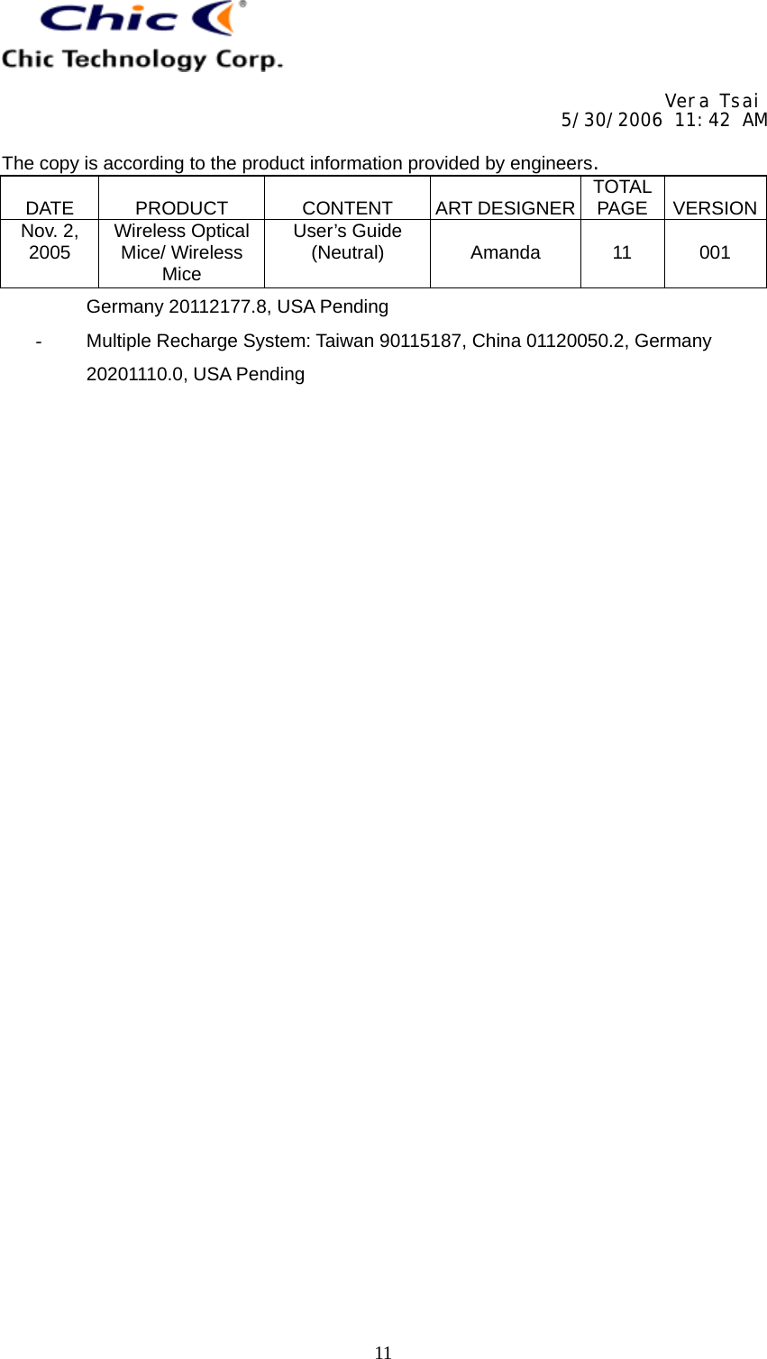     Vera Tsai 5/30/2006 11:42 AM  The copy is according to the product information provided by engineers.  DATE   PRODUCT   CONTENT   ART DESIGNER TOTAL PAGE   VERSIONNov. 2, 2005  Wireless Optical Mice/ Wireless Mice User’s Guide (Neutral)   Amanda   11   001   11Germany 20112177.8, USA Pending -  Multiple Recharge System: Taiwan 90115187, China 01120050.2, Germany 20201110.0, USA Pending  