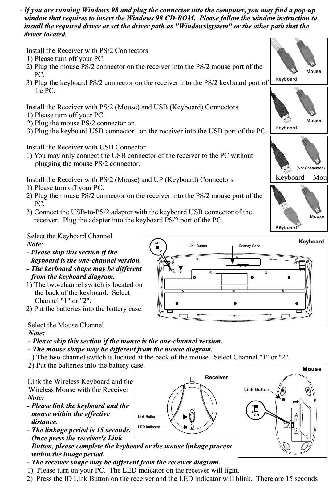 - If you are running Windows 98 and plug the connector into the computer, you may find a pop-up window that requires to insert the Windows 98 CD-ROM.  Please follow the window instruction to install the required driver or set the driver path as &quot;Windows\system&quot; or the other path that the driver located.  Install the Receiver with PS/2 Connectors1) Please turn off your PC.2) Plug the mouse PS/2 connector on the receiver into the PS/2 mouse port of the PC.3) Plug the keyboard PS/2 connector on the receiver into the PS/2 keyboard port of the PC.  Install the Receiver with USB Connector1) You may only connect the USB connector of the receiver to the PC without plugging the mouse PS/2 connector.  Install the Receiver with PS/2 (Mouse) and UP (Keyboard) Connectors1) Please turn off your PC.2) Plug the mouse PS/2 connector on the receiver into the PS/2 mouse port of the PC.3) Connect the USB-to-PS/2 adapter with the keyboard USB connector of the receiver.  Plug the adapter into the keyboard PS/2 port of the PC.  Select the Keyboard ChannelNote:- Please skip this section if the keyboard is the one-channel version.- The keyboard shape may be different from the keyboard diagram.1) The two-channel switch is located on the back of the keyboard.  Select Channel &quot;1&quot; or &quot;2&quot;.2) Put the batteries into the battery case.  Select the Mouse ChannelNote:- Please skip this section if the mouse is the one-channel version.- The mouse shape may be different from the mouse diagram.1) The two-channel switch is located at the back of the mouse.  Select Channel &quot;1&quot; or &quot;2&quot;.2) Put the batteries into the battery case.  Link the Wireless Keyboard and the Wireless Mouse with the ReceiverNote:- Please link the keyboard and the mouse within the effective distance.- The linkage period is 15 seconds.Once press the receiver&apos;s Link Button, please complete the keyboard or the mouse linkage process within the linage period.- The receiver shape may be different from the receiver diagram.1)  Please turn on your PC.  The LED indicator on the receiver will light.2)  Press the ID Link Button on the receiver and the LED indicator will blink.  There are 15 secondsInstall the Receiver with PS/2 (Mouse) and USB (Keyboard) Connectors1) Please turn off your PC.2) Plug the mouse PS/2 connector on 3) Plug the keyboard USB connector   on the receiver into the USB port of the PC.Link Button Battery Case80.000035.0000CH12Keyboard12CHLink Button MouseCH1 CH2ReceiverLink ButtonLED IndicatorKeyboardMouseKeyboardMouseKeyboard  Mous(Not Connected)Keyboard          Mouse