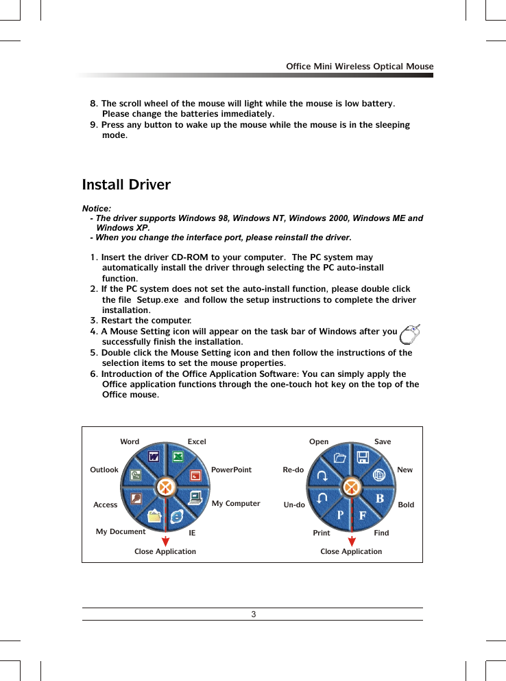 3Office Mini Wireless Optical Mouse8. The scroll wheel of the mouse will light while the mouse is low battery.  Please change the batteries immediately.9. Press any button to wake up the mouse while the mouse is in the sleeping mode.Install DriverNotice:- The driver supports Windows 98, Windows NT, Windows 2000, Windows ME and Windows XP.- When you change the interface port, please reinstall the driver.1. Insert the driver CD-ROM to your computer.  The PC system may automatically install the driver through selecting the PC auto-install function.2. If the PC system does not set the auto-install function, please double click the file  Setup.exe  and follow the setup instructions to complete the driver installation.3. Restart the computer.4. A Mouse Setting icon will appear on the task bar of Windows after you successfully finish the installation.5. Double click the Mouse Setting icon and then follow the instructions of the selection items to set the mouse properties.6. Introduction of the Office Application Software: You can simply apply the Office application functions through the one-touch hot key on the top of the Office mouse.OpenRe-doUn-doSaveNewFindPrintBoldClose ApplicationAccessMy DocumentMy ComputerIEOutlookWord ExcelPowerPointClose Application