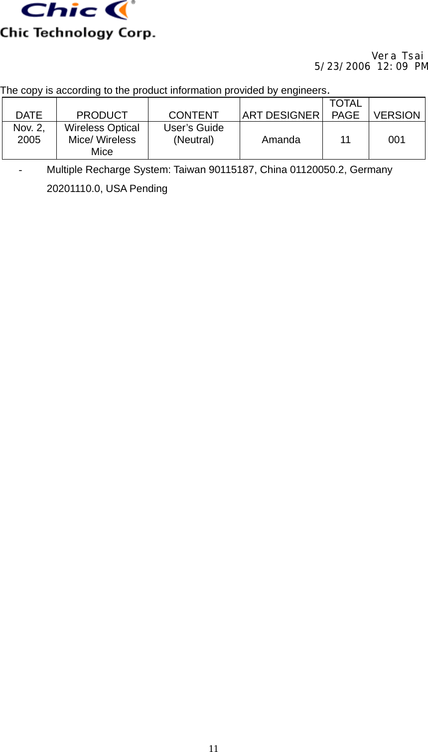     Vera Tsai 5/23/2006 12:09 PM  The copy is according to the product information provided by engineers.  DATE   PRODUCT   CONTENT   ART DESIGNER TOTAL PAGE   VERSIONNov. 2, 2005  Wireless Optical Mice/ Wireless Mice User’s Guide (Neutral)   Amanda   11   001   11-  Multiple Recharge System: Taiwan 90115187, China 01120050.2, Germany 20201110.0, USA Pending  