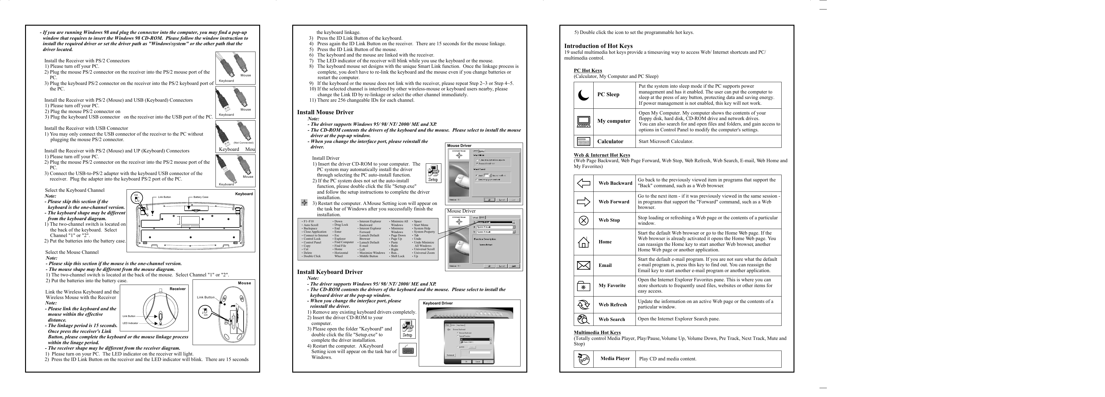 - If you are running Windows 98 and plug the connector into the computer, you may find a pop-up window that requires to insert the Windows 98 CD-ROM.  Please follow the window instruction to install the required driver or set the driver path as &quot;Windows\system&quot; or the other path that the driver located.%  Install the Receiver with PS/2 Connectors1) Please turn off your PC.2) Plug the mouse PS/2 connector on the receiver into the PS/2 mouse port of the PC.3) Plug the keyboard PS/2 connector on the receiver into the PS/2 keyboard port of the PC.%  %  Install the Receiver with USB Connector1) You may only connect the USB connector of the receiver to the PC without plugging the mouse PS/2 connector.%  Install the Receiver with PS/2 (Mouse) and UP (Keyboard) Connectors1) Please turn off your PC.2) Plug the mouse PS/2 connector on the receiver into the PS/2 mouse port of the PC.3) Connect the USB-to-PS/2 adapter with the keyboard USB connector of the receiver.  Plug the adapter into the keyboard PS/2 port of the PC.%  Select the Keyboard ChannelNote: - Please skip this section if the keyboard is the one-channel version.- The keyboard shape may be different from the keyboard diagram.1) The two-channel switch is located on the back of the keyboard.  Select Channel &quot;1&quot; or &quot;2&quot;.2) Put the batteries into the battery case.%  Select the Mouse ChannelNote: - Please skip this section if the mouse is the one-channel version.- The mouse shape may be different from the mouse diagram.1) The two-channel switch is located at the back of the mouse.  Select Channel &quot;1&quot; or &quot;2&quot;.2) Put the batteries into the battery case.%  Link the Wireless Keyboard and the Wireless Mouse with the ReceiverNote: - Please link the keyboard and the mouse within the effective distance.- The linkage period is 15 seconds.  Once press the receiver&apos;s Link Button, please complete the keyboard or the mouse linkage process within the linage period.- The receiver shape may be different from the receiver diagram.1)  Please turn on your PC.  The LED indicator on the receiver will light.2)  Press the ID Link Button on the receiver and the LED indicator will blink.  There are 15 secondsInstall the Receiver with PS/2 (Mouse) and USB (Keyboard) Connectors1) Please turn off your PC.2) Plug the mouse PS/2 connector on 3) Plug the keyboard USB connector   on the receiver into the USB port of the PC.Link Button Battery Case80.000035.0000CH12Keyboard5) Double click the icon to set the programmable hot keys. Introduction of Hot Keys19 useful multimedia hot keys provide a timesaving way to access Web/ Internet shortcuts and PC/ multimedia control.PC Hot Keys(Calculator, My Computer and PC Sleep)Web &amp; Internet Hot Keys(Web Page Backward, Web Page Forward, Web Stop, Web Refresh, Web Search, E-mail, Web Home and My Favorites)Multimedia Hot Keys(Totally control Media Player, Play/Pause, Volume Up, Volume Down, Pre Track, Next Track, Mute and Stop)Put the system into sleep mode if the PC supports power management and has it enabled. The user can put the computer to sleep at the press of any button, protecting data and saving energy. If power management is not enabled, this key will not work.PC SleepOpen My Computer. My computer shows the contents of your floppy disk, hard disk, CD-ROM drive and network drives. You can also search for and open files and folders, and gain access to options in Control Panel to modify the computer&apos;s settings.Start Microsoft Calculator.My computerCalculatorWeb BackwardWeb ForwardWeb StopHomeEmailMy FavoriteWeb RefreshWeb SearchGo back to the previously viewed item in programs that support the &quot;Back&quot; command, such as a Web browser.Open the Internet Explorer Search pane.Go to the next item - if it was previously viewed in the same session - in programs that support the &quot;Forward&quot; command, such as a Web browser.Stop loading or refreshing a Web page or the contents of a particular window.Start the default Web browser or go to the Home Web page. If the Web browser is already activated it opens the Home Web page. You can reassign the Home key to start another Web browser, another Home Web page or another application.Start the default e-mail program. If you are not sure what the default e-mail program is, press this key to find out. You can reassign the Email key to start another e-mail program or another application.Open the Internet Explorer Favorites pane. This is where you can store shortcuts to frequently used files, websites or other items for easy access.Update the information on an active Web page or the contents of a particular window.Play CD and media content.Media Player      the keyboard linkage.3)   Press the ID Link Button of the keyboard. 4)   Press again the ID Link Button on the receiver.  There are 15 seconds for the mouse linkage.5)   Press the ID Link Button of the mouse.6)   The keyboard and the mouse are linked with the receiver.7)   The LED indicator of the receiver will blink while you use the keyboard or the mouse.8)   The keyboard mouse set designs with the unique Smart Link function.  Once the linkage process is complete, you don&apos;t have to re-link the keyboard and the mouse even if you change batteries or restart the computer.9)   If the keyboard or the mouse does not link with the receiver, please repeat Step 2~3 or Step 4~5.10) If the selected channel is interfered by other wireless-mouse or keyboard users nearby, please change the Link ID by re-linkage or select the other channel immediately.11) There are 256 changeable IDs for each channel.Install Mouse DriverNote:- The driver supports Windows 95/ 98/ NT/ 2000/ ME and XP.- The CD-ROM contents the drivers of the keyboard and the mouse.  Please select to install the mouse driver at the pop-up window.- When you change the interface port, please reinstall the driver.%  Install Driver1) Insert the driver CD-ROM to your computer.  The PC system may automatically install the driver through selecting the PC auto-install function.2) If the PC system does not set the auto-install function, please double click the file &quot;Setup.exe&quot; and follow the setup instructions to complete the driver installation.3) Restart the computer. A Mouse Setting icon will appear on the task bar of Windows after you successfully finish the installation.Install Keyboard DriverNote:- The driver supports Windows 95/ 98/ NT/ 2000/ ME and XP.- The CD-ROM contents the drivers of the keyboard and the mouse.  Please select to install the keyboard driver at the pop-up window.- When you change the interface port, please reinstall the driver.1) Remove any existing keyboard drivers completely.2) Insert the driver CD-ROM to your computer.3) Please open the folder &quot;Keyboard&quot; and double click the file &quot;Setup.exe&quot; to complete the driver installation.4) Restart the computer.  A Keyboard Setting icon will appear on the task bar of Windows.Mouse DriverMouse Driver- If you are running Windows 98 and plug the connector into the computer, you may find a pop-up window that requires to insert the Windows 98 CD-ROM.  Please follow the window instruction to install the required driver or set the driver path as &quot;Windows\system&quot; or the other path that the driver located.%  Install the Receiver with PS/2 Connectors1) Please turn off your PC.2) Plug the mouse PS/2 connector on the receiver into the PS/2 mouse port of the PC.3) Plug the keyboard PS/2 connector on the receiver into the PS/2 keyboard port of the PC.%  %  Install the Receiver with USB Connector1) You may only connect the USB connector of the receiver to the PC without plugging the mouse PS/2 connector.%  Install the Receiver with PS/2 (Mouse) and UP (Keyboard) Connectors1) Please turn off your PC.2) Plug the mouse PS/2 connector on the receiver into the PS/2 mouse port of the PC.3) Connect the USB-to-PS/2 adapter with the keyboard USB connector of the receiver.  Plug the adapter into the keyboard PS/2 port of the PC.%  Select the Keyboard ChannelNote: - Please skip this section if the keyboard is the one-channel version.- The keyboard shape may be different from the keyboard diagram.1) The two-channel switch is located on the back of the keyboard.  Select Channel &quot;1&quot; or &quot;2&quot;.2) Put the batteries into the battery case.%  Select the Mouse ChannelNote: - Please skip this section if the mouse is the one-channel version.- The mouse shape may be different from the mouse diagram.1) The two-channel switch is located at the back of the mouse.  Select Channel &quot;1&quot; or &quot;2&quot;.2) Put the batteries into the battery case.%  Link the Wireless Keyboard and the Wireless Mouse with the ReceiverNote: - Please link the keyboard and the mouse within the effective distance.- The linkage period is 15 seconds.  Once press the receiver&apos;s Link Button, please complete the keyboard or the mouse linkage process within the linage period.- The receiver shape may be different from the receiver diagram.1)  Please turn on your PC.  The LED indicator on the receiver will light.2)  Press the ID Link Button on the receiver and the LED indicator will blink.  There are 15 secondsInstall the Receiver with PS/2 (Mouse) and USB (Keyboard) Connectors1) Please turn off your PC.2) Plug the mouse PS/2 connector on 3) Plug the keyboard USB connector   on the receiver into the USB port of the PC.Link Button Battery Case80.000035.0000CH12Keyboard5) Double click the icon to set the programmable hot keys. Introduction of Hot Keys19 useful multimedia hot keys provide a timesaving way to access Web/ Internet shortcuts and PC/ multimedia control.PC Hot Keys(Calculator, My Computer and PC Sleep)Web &amp; Internet Hot Keys(Web Page Backward, Web Page Forward, Web Stop, Web Refresh, Web Search, E-mail, Web Home and My Favorites)Multimedia Hot Keys(Totally control Media Player, Play/Pause, Volume Up, Volume Down, Pre Track, Next Track, Mute and Stop)Put the system into sleep mode if the PC supports power management and has it enabled. The user can put the computer to sleep at the press of any button, protecting data and saving energy. If power management is not enabled, this key will not work.PC SleepOpen My Computer. My computer shows the contents of your floppy disk, hard disk, CD-ROM drive and network drives. You can also search for and open files and folders, and gain access to options in Control Panel to modify the computer&apos;s settings.Start Microsoft Calculator.My computerCalculatorWeb BackwardWeb ForwardWeb StopHomeEmailMy FavoriteWeb RefreshWeb SearchGo back to the previously viewed item in programs that support the &quot;Back&quot; command, such as a Web browser.Open the Internet Explorer Search pane.Go to the next item - if it was previously viewed in the same session - in programs that support the &quot;Forward&quot; command, such as a Web browser.Stop loading or refreshing a Web page or the contents of a particular window.Start the default Web browser or go to the Home Web page. If the Web browser is already activated it opens the Home Web page. You can reassign the Home key to start another Web browser, another Home Web page or another application.Start the default e-mail program. If you are not sure what the default e-mail program is, press this key to find out. You can reassign the Email key to start another e-mail program or another application.Open the Internet Explorer Favorites pane. This is where you can store shortcuts to frequently used files, websites or other items for easy access.Update the information on an active Web page or the contents of a particular window.Play CD and media content.Media Player      the keyboard linkage.3)   Press the ID Link Button of the keyboard. 4)   Press again the ID Link Button on the receiver.  There are 15 seconds for the mouse linkage.5)   Press the ID Link Button of the mouse.6)   The keyboard and the mouse are linked with the receiver.7)   The LED indicator of the receiver will blink while you use the keyboard or the mouse.8)   The keyboard mouse set designs with the unique Smart Link function.  Once the linkage process is complete, you don&apos;t have to re-link the keyboard and the mouse even if you change batteries or restart the computer.9)   If the keyboard or the mouse does not link with the receiver, please repeat Step 2~3 or Step 4~5.10) If the selected channel is interfered by other wireless-mouse or keyboard users nearby, please change the Link ID by re-linkage or select the other channel immediately.11) There are 256 changeable IDs for each channel.Install Mouse DriverNote:- The driver supports Windows 95/ 98/ NT/ 2000/ ME and XP.- The CD-ROM contents the drivers of the keyboard and the mouse.  Please select to install the mouse driver at the pop-up window.- When you change the interface port, please reinstall the driver.%  Install Driver1) Insert the driver CD-ROM to your computer.  The PC system may automatically install the driver through selecting the PC auto-install function.2) If the PC system does not set the auto-install function, please double click the file &quot;Setup.exe&quot; and follow the setup instructions to complete the driver installation.3) Restart the computer. A Mouse Setting icon will appear on the task bar of Windows after you successfully finish the installation.Install Keyboard DriverNote:- The driver supports Windows 95/ 98/ NT/ 2000/ ME and XP.- The CD-ROM contents the drivers of the keyboard and the mouse.  Please select to install the keyboard driver at the pop-up window.- When you change the interface port, please reinstall the driver.1) Remove any existing keyboard drivers completely.2) Insert the driver CD-ROM to your computer.3) Please open the folder &quot;Keyboard&quot; and double click the file &quot;Setup.exe&quot; to complete the driver installation.4) Restart the computer.  A Keyboard Setting icon will appear on the task bar of Windows.Mouse DriverMouse DriverSpaceStart MenuSystem HelpSystem PropertyTabUndoUndo Minimize     All WindowsUniversal ScrollUniversal ZoomUp F1~F10Auto ScrollBackspaceClose ApplicationConnect to InternetControl LockControl PanelCopyCutDeleteDouble ClickDownDrag LockEndEnterEscExplorerFind ComputerFind FileHomeHorizontal     WheelInterent Explorer    BackwardInterent Explorer    ForwardLanuch Default    BrowserLanuch Default    E-mailLeftMaximize WindowsMiddle ButtonMinimize All    WindowsMinimize    WindowsPage DownPage UpPasteRedoRightRun...Shift Lock 12CHLink Button MouseCH1 CH2ReceiverLink ButtonLED IndicatorKeyboard MouseKeyboard DriverKeyboard MouseKeyboard &amp; Mouse          (Not Connected)Keyboard           Mouse