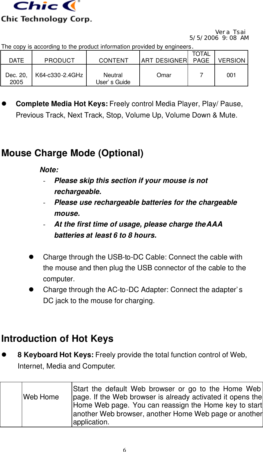   Vera Tsai 5/5/2006 9:08 AM The copy is according to the product information provided by engineers.  DATE  PRODUCT  CONTENT  ART DESIGNER TOTAL PAGE  VERSION  Dec. 20, 2005  K64-c330-2.4GHz  Neutral User’s Guide  Omar  7  001   6 l Complete Media Hot Keys: Freely control Media Player, Play/ Pause, Previous Track, Next Track, Stop, Volume Up, Volume Down &amp; Mute.   Mouse Charge Mode (Optional) Note: - Please skip this section if your mouse is not rechargeable. - Please use rechargeable batteries for the chargeable mouse. - At the first time of usage, please charge the AAA batteries at least 6 to 8 hours.  l Charge through the USB-to-DC Cable: Connect the cable with the mouse and then plug the USB connector of the cable to the computer. l Charge through the AC-to-DC Adapter: Connect the adapter’s DC jack to the mouse for charging.   Introduction of Hot Keys l 8 Keyboard Hot Keys: Freely provide the total function control of Web, Internet, Media and Computer.   Web Home Start the default Web browser or go to the Home Web page. If the Web browser is already activated it opens the Home Web page. You can reassign the Home key to start another Web browser, another Home Web page or another application. 