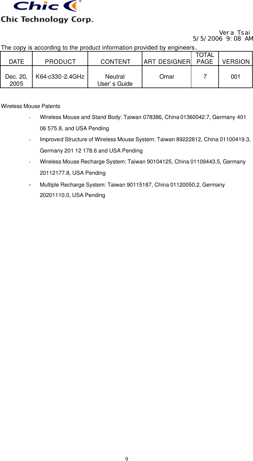   Vera Tsai 5/5/2006 9:08 AM The copy is according to the product information provided by engineers.  DATE  PRODUCT  CONTENT  ART DESIGNER TOTAL PAGE  VERSION  Dec. 20, 2005  K64-c330-2.4GHz  Neutral User’s Guide  Omar  7  001   9 Wireless Mouse Patents  - Wireless Mouse and Stand Body: Taiwan 078386, China 01360042.7, Germany 401 06 575.8, and USA Pending - Improved Structure of Wireless Mouse System: Taiwan 89222812, China 01100419.3, Germany 201 12 178.6 and USA Pending - Wireless Mouse Recharge System: Taiwan 90104125, China 01109443.5, Germany 20112177.8, USA Pending - Multiple Recharge System: Taiwan 90115187, China 01120050.2, Germany 20201110.0, USA Pending 