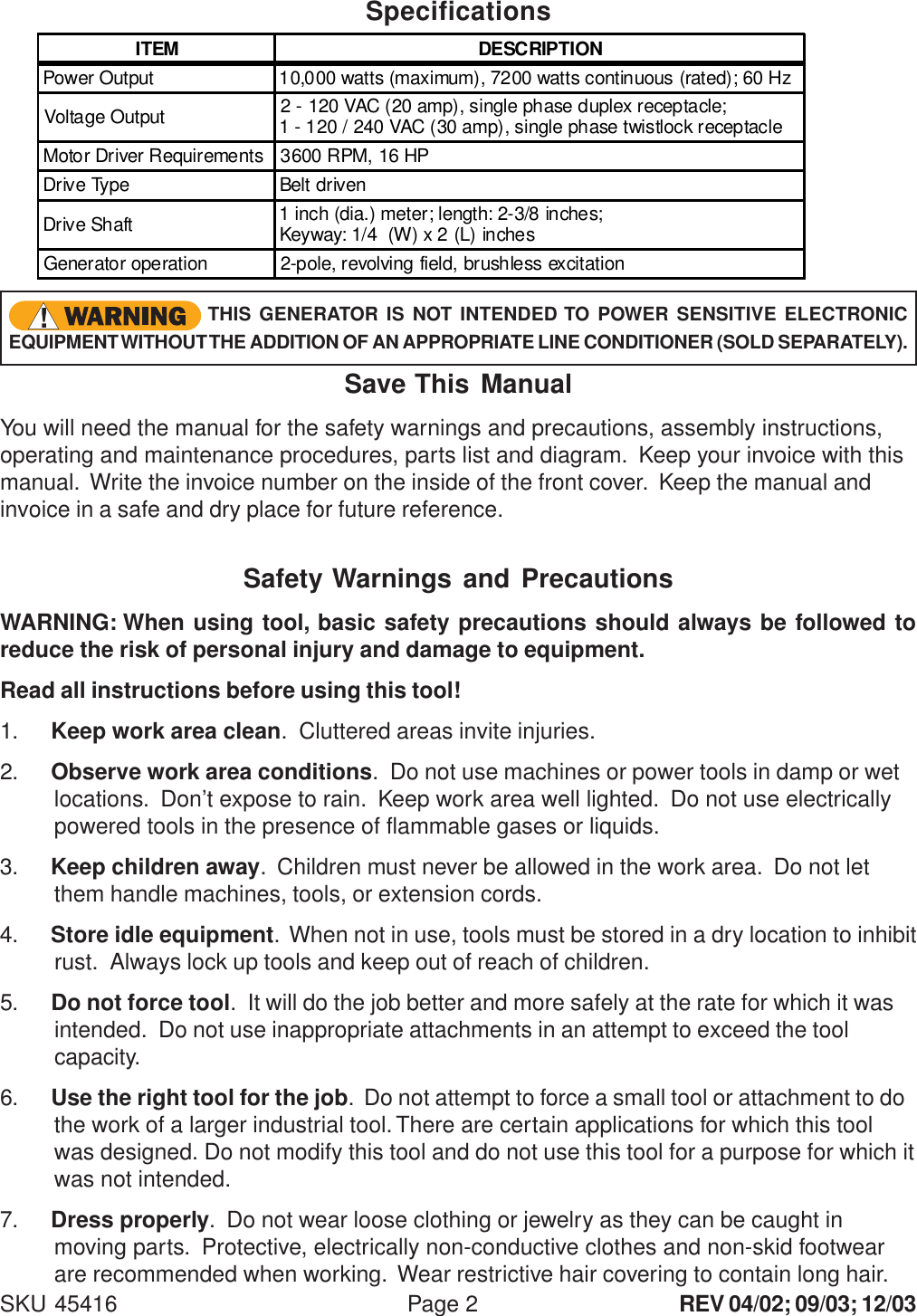 Page 2 of 11 - Chicago-Electric Chicago-Electric-45416-Users-Manual- 45416  Chicago-electric-45416-users-manual