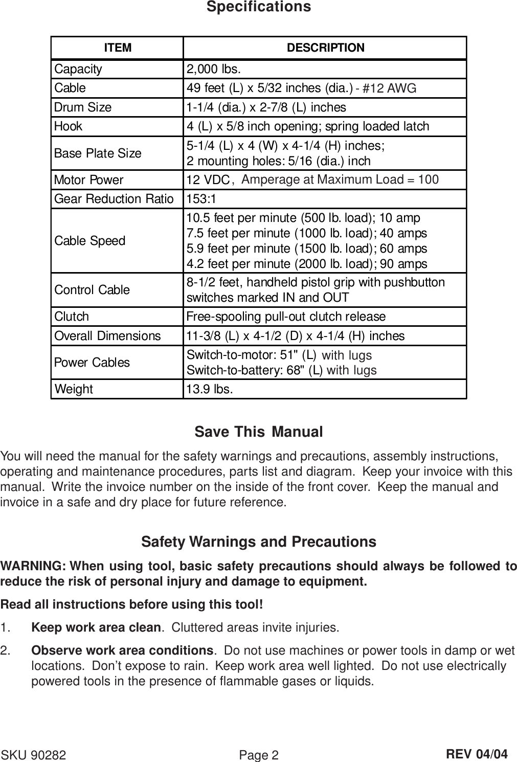 Page 2 of 9 - Chicago-Electric Chicago-Electric-90282-Users-Manual- 90282 Winch Manual  Chicago-electric-90282-users-manual