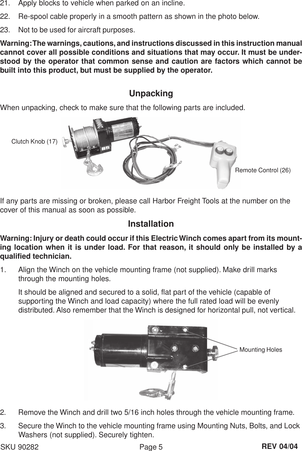 Page 5 of 9 - Chicago-Electric Chicago-Electric-90282-Users-Manual- 90282 Winch Manual  Chicago-electric-90282-users-manual