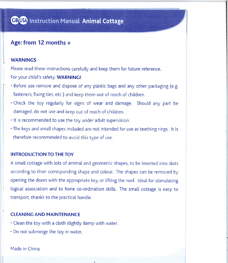 Chicco Animal Cottage Owners Manual