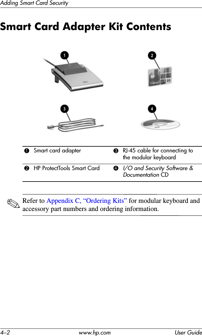 4–2 www.hp.com User GuideAdding Smart Card SecuritySmart Card Adapter Kit Contents✎Refer to Appendix C, “Ordering Kits” for modular keyboard and accessory part numbers and ordering information.1Smart card adapter 3RJ-45 cable for connecting to the modular keyboard2HP ProtectTools Smart Card 4I/O and Security Software &amp; Documentation CD