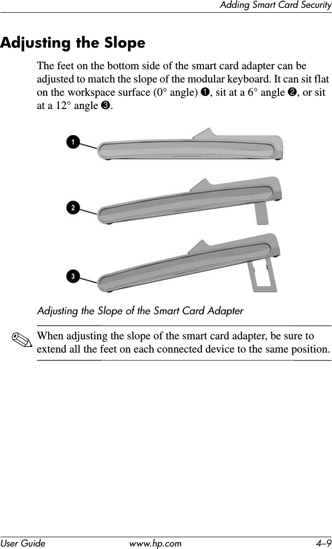 Adding Smart Card SecurityUser Guide www.hp.com 4–9Adjusting the SlopeThe feet on the bottom side of the smart card adapter can be adjusted to match the slope of the modular keyboard. It can sit flat on the workspace surface (0° angle) 1, sit at a 6° angle 2, or sit at a 12° angle 3.Adjusting the Slope of the Smart Card Adapter✎When adjusting the slope of the smart card adapter, be sure to extend all the feet on each connected device to the same position.