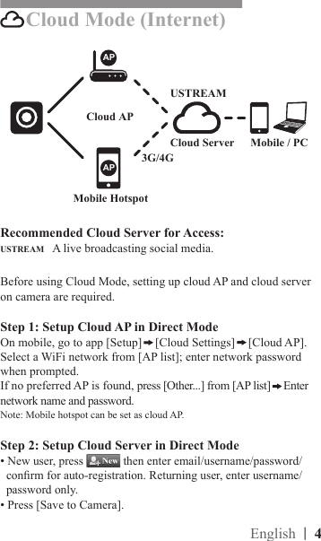 Cloud Mode (Internet)APCloud ServerCloud APAPMobile HotspotMobile / PCUSTREAM3G/4GA live broadcasting social media.USTREAMRecommended Cloud Server for Access:     Cloud Mode (Internet)     Cloud Mode (Internet)Before using Cloud Mode, setting up cloud AP and cloud server on camera are required.Step 1: Setup Cloud AP in Direct ModeOn mobile, go to app [Setup] [Cloud Settings] [Cloud AP].Select a WiFi network from [AP list]; enter network password when prompted.If no preferred AP is found, press [Other...] from [AP list] Enter network name and password.Note: Mobile hotspot can be set as cloud AP. Step 2: Setup Cloud Server in Direct Mode• New user, press   then enter email/username/password/     conrm for auto-registration. Returning user, enter username/     password only. • Press [Save to Camera].|  4English