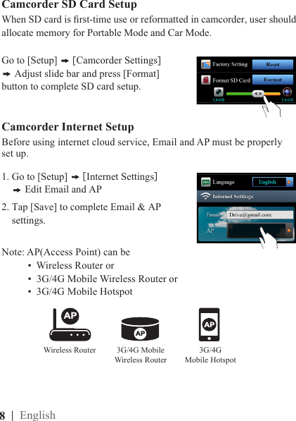 8  | English1. Go to [Setup]   [ Internet Settings]      Edit Email and AP2. Tap [Save] to complete Email &amp; AP     settings.Camcorder Internet Setup Before using internet cloud service, Email and AP must be properly set up. Camcorder SD Card SetupGo to [Setup]   [ Camcorder Settings] Adjust slide bar and press [Format] button to complete SD card setup.When SD card is rst-time use or reformatted in camcorder, user should allocate memory for Portable Mode and Car Mode.Note: AP(Access Point) can be            •  Wireless Router or          •  3G/4G Mobile Wireless Router or          •  3G/4G Mobile HotspotAPAPAPWireless RouterAPAPAP3G/4G Mobile  Wireless RouterAPAPAP3G/4G  Mobile Hotspot