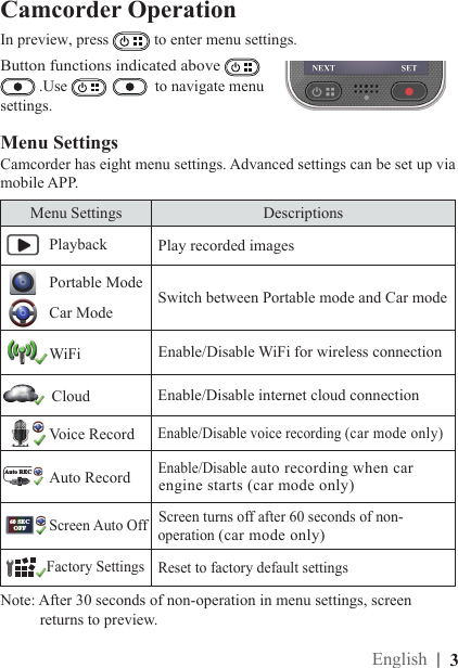 |  3EnglishCamcorder OperationIn preview, press  to enter menu settings.Menu Settings Descriptions      Play recorded images  Switch between Portable mode and Car mode     Enable/Disable WiFi for wireless connection Enable/Disable internet cloud connection    Enable/Disable voice recording (car mode only)Auto REC   Enable/Disable auto recording when car  engine starts (car mode only) 60 SECOFF  Screen turns off after 60 seconds of non- operation (car mode only)    Reset to factory default settingsScreen Auto OffFactory SettingsVoice RecordWiFi Auto Record Car ModePlayback Portable Mode CloudMenu SettingsCamcorder has eight menu settings. Advanced settings can be set up via mobile APP. Button functions indicated above    .Use     to navigate menu settings.Note: After 30 seconds of non-operation in menu settings, screen           returns to preview.