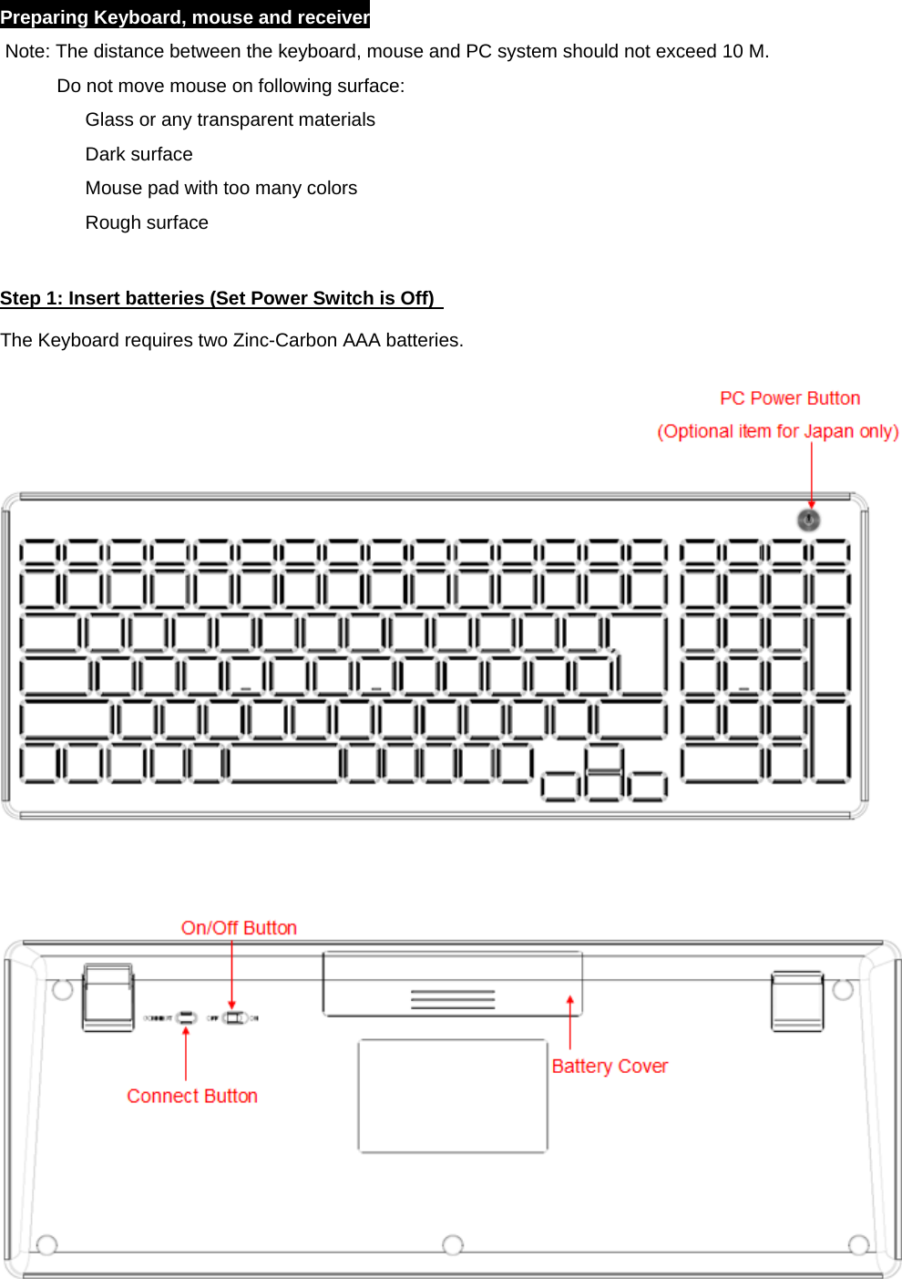   Preparing Keyboard, mouse and receiver Note: The distance between the keyboard, mouse and PC system should not exceed 10 M. Do not move mouse on following surface: Glass or any transparent materials   Dark surface   Mouse pad with too many colors   Rough surface   Step 1: Insert batteries (Set Power Switch is Off)    The Keyboard requires two Zinc-Carbon AAA batteries.                 