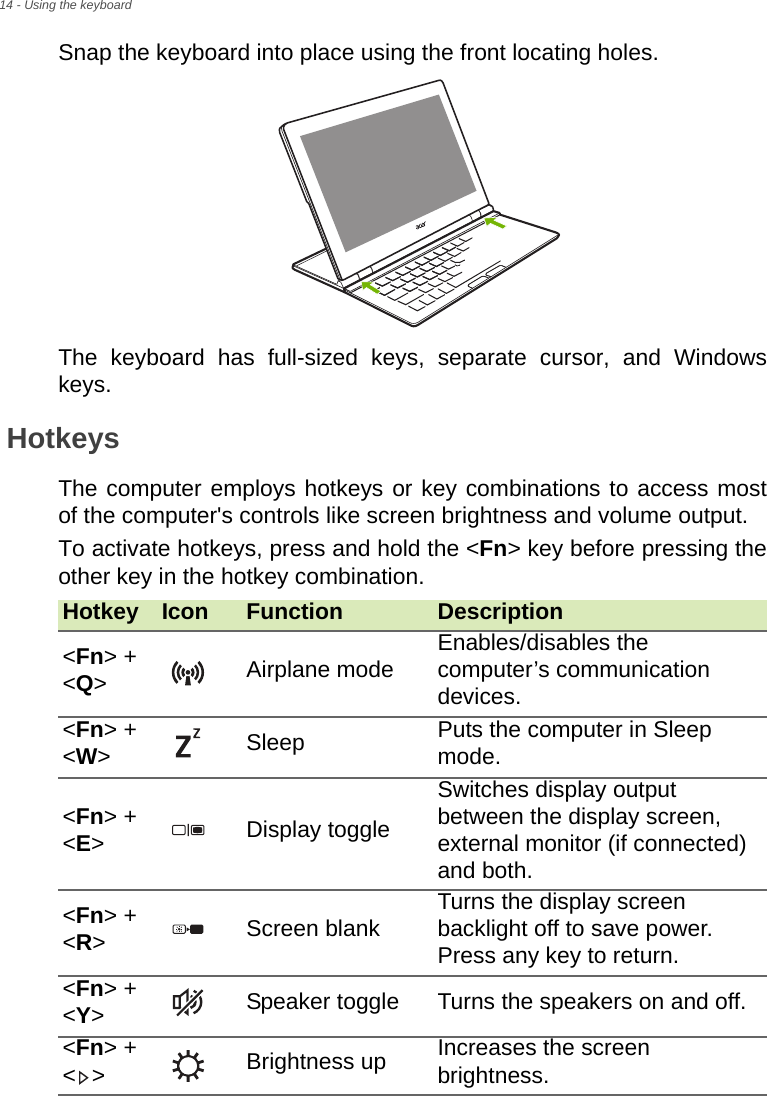 14 - Using the keyboardSnap the keyboard into place using the front locating holes.The keyboard has full-sized keys, separate cursor, and Windows keys.HotkeysThe computer employs hotkeys or key combinations to access most of the computer&apos;s controls like screen brightness and volume output.To activate hotkeys, press and hold the &lt;Fn&gt; key before pressing the other key in the hotkey combination. Hotkey Icon Function Description&lt;Fn&gt; + &lt;Q&gt;Airplane mode Enables/disables the computer’s communication devices.&lt;Fn&gt; + &lt;W&gt;Sleep Puts the computer in Sleep mode.&lt;Fn&gt; + &lt;E&gt;Display toggleSwitches display output between the display screen, external monitor (if connected) and both.&lt;Fn&gt; + &lt;R&gt;Screen blank Turns the display screen backlight off to save power. Press any key to return.&lt;Fn&gt; + &lt;Y&gt;Speaker toggle Turns the speakers on and off.&lt;Fn&gt; + &lt;&gt; Brightness up Increases the screen brightness.