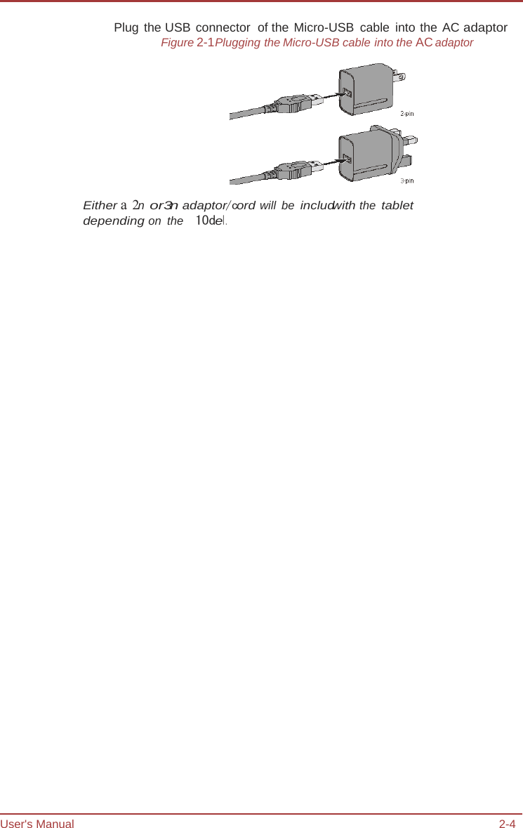 User&apos;s Manual 2-4 Plug the USB connector  of the Micro-USB  cable  into the AC adaptor Figure 2-1Plugging the Micro-USB cable into the AC adaptor  Either a 2n or3n adaptor/cord will be includwith the tablet depending on  the   1Odel. 