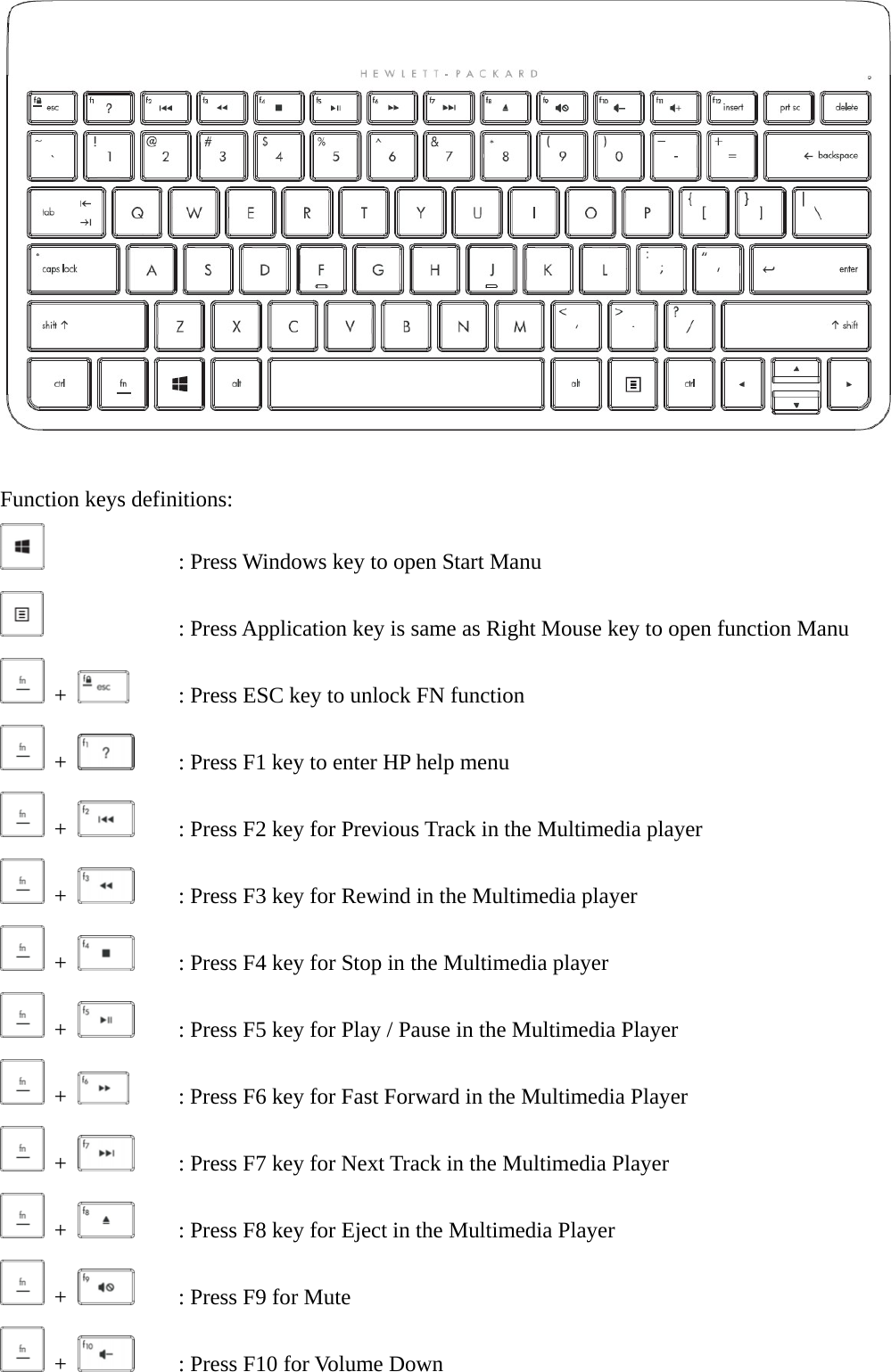   Function keys definitions:        : Press Windows key to open Start Manu     : Press Application key is same as Right Mouse key to open function Manu  +      : Press ESC key to unlock FN function  +     : Press F1 key to enter HP help menu  +     : Press F2 key for Previous Track in the Multimedia player  +     : Press F3 key for Rewind in the Multimedia player  +     : Press F4 key for Stop in the Multimedia player  +     : Press F5 key for Play / Pause in the Multimedia Player  +     : Press F6 key for Fast Forward in the Multimedia Player  +     : Press F7 key for Next Track in the Multimedia Player  +     : Press F8 key for Eject in the Multimedia Player  +     : Press F9 for Mute  +     : Press F10 for Volume Down 