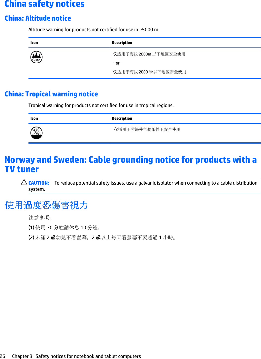 China safety noticesChina: Altitude noticeAltitude warning for products not certied for use in &gt;5000 mIcon DescriptionChina: Tropical warning noticeTropical warning for products not certied for use in tropical regions.Icon DescriptionNorway and Sweden: Cable grounding notice for products with a TV tunerCAUTION: To reduce potential safety issues, use a galvanic isolator when connecting to a cable distribution system.使用過度恐傷害視力注意事項:(1) 使用 30 分鐘請休息 10 分鐘。(2) 未滿 2 歲幼兒不看螢幕，2 歲以上每天看螢幕不要超過 1 小時。26 Chapter 3   Safety notices for notebook and tablet computers