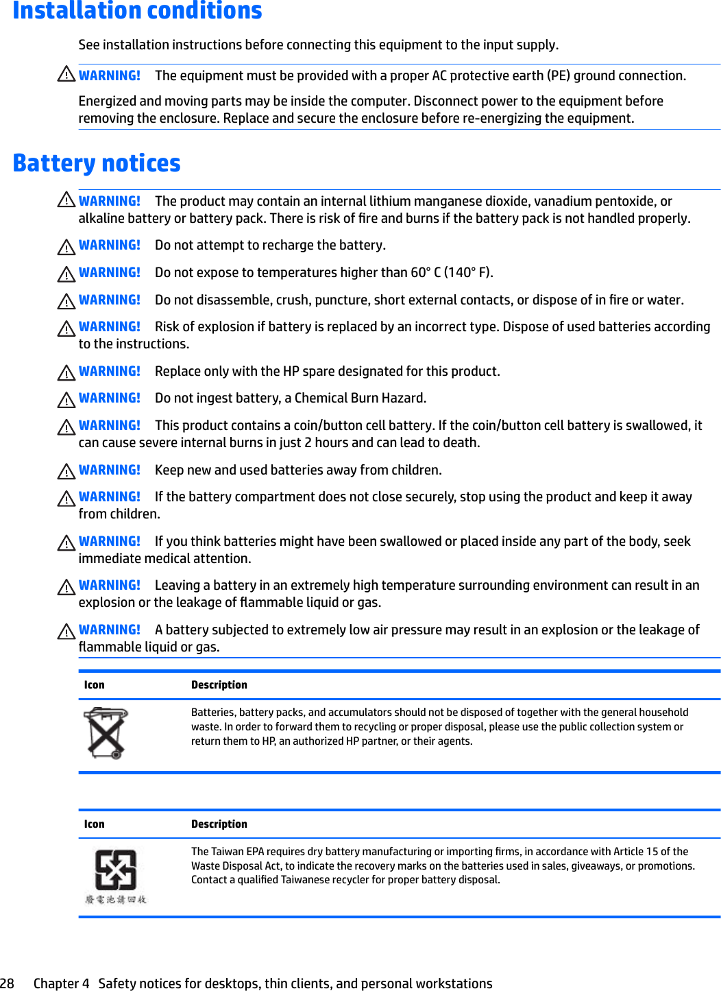 Installation conditionsSee installation instructions before connecting this equipment to the input supply.WARNING! The equipment must be provided with a proper AC protective earth (PE) ground connection.Energized and moving parts may be inside the computer. Disconnect power to the equipment before removing the enclosure. Replace and secure the enclosure before re-energizing the equipment.Battery noticesWARNING! The product may contain an internal lithium manganese dioxide, vanadium pentoxide, or alkaline battery or battery pack. There is risk of re and burns if the battery pack is not handled properly.WARNING! Do not attempt to recharge the battery.WARNING! Do not expose to temperatures higher than 60° C (140° F).WARNING! Do not disassemble, crush, puncture, short external contacts, or dispose of in re or water.WARNING! Risk of explosion if battery is replaced by an incorrect type. Dispose of used batteries according to the instructions.WARNING! Replace only with the HP spare designated for this product.WARNING! Do not ingest battery, a Chemical Burn Hazard.WARNING! This product contains a coin/button cell battery. If the coin/button cell battery is swallowed, it can cause severe internal burns in just 2 hours and can lead to death.WARNING! Keep new and used batteries away from children.WARNING! If the battery compartment does not close securely, stop using the product and keep it away from children.WARNING! If you think batteries might have been swallowed or placed inside any part of the body, seek immediate medical attention.WARNING! Leaving a battery in an extremely high temperature surrounding environment can result in an explosion or the leakage of ammable liquid or gas.WARNING! A battery subjected to extremely low air pressure may result in an explosion or the leakage of ammable liquid or gas.Icon DescriptionBatteries, battery packs, and accumulators should not be disposed of together with the general household waste. In order to forward them to recycling or proper disposal, please use the public collection system or return them to HP, an authorized HP partner, or their agents.Icon DescriptionThe Taiwan EPA requires dry battery manufacturing or importing rms, in accordance with Article 15 of the Waste Disposal Act, to indicate the recovery marks on the batteries used in sales, giveaways, or promotions. Contact a qualied Taiwanese recycler for proper battery disposal.28 Chapter 4   Safety notices for desktops, thin clients, and personal workstations