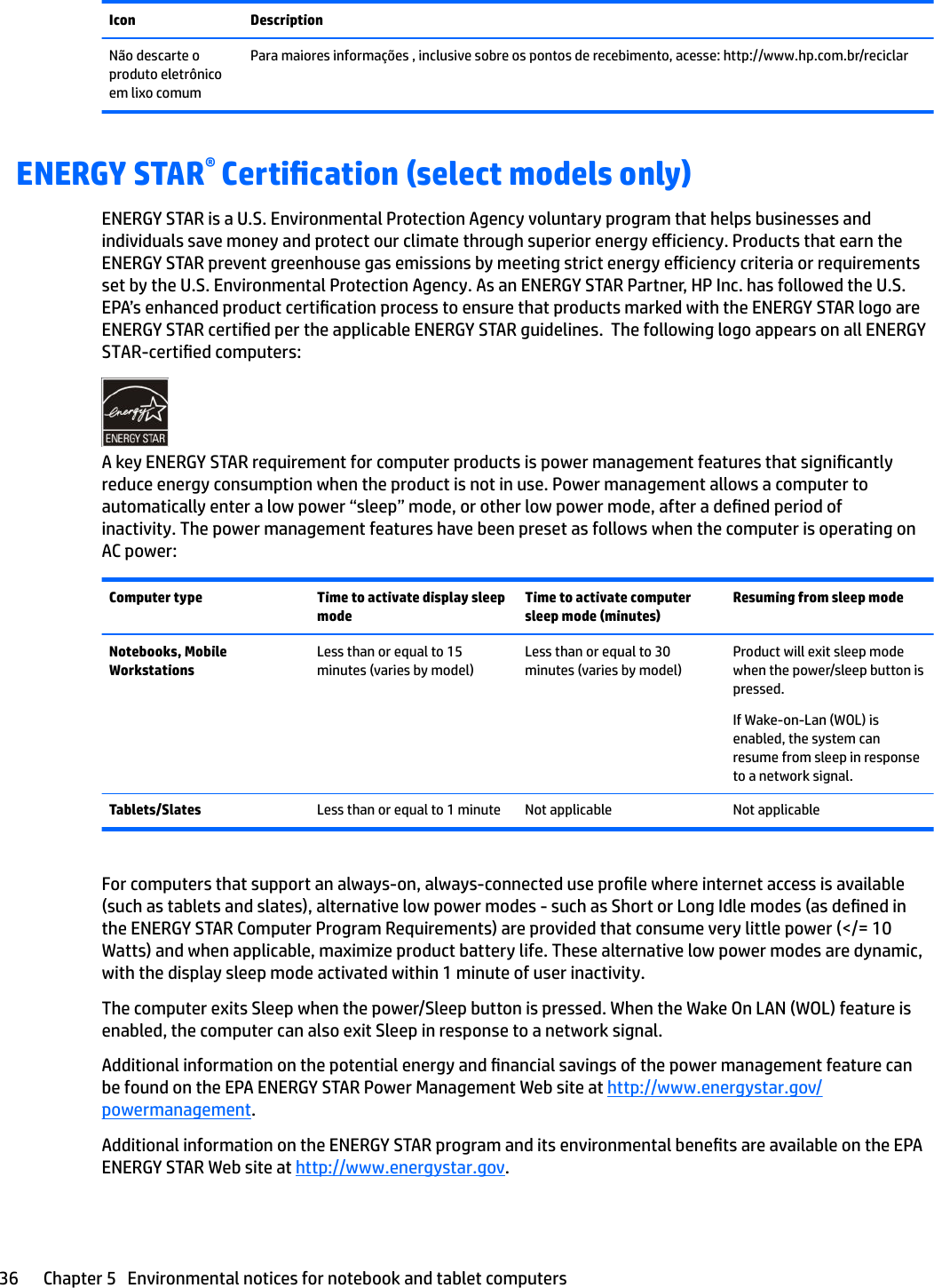 Icon DescriptionNão descarte o produto eletrônico em lixo comumPara maiores informações , inclusive sobre os pontos de recebimento, acesse: http://www.hp.com.br/reciclarENERGY STAR® Certication (select models only)ENERGY STAR is a U.S. Environmental Protection Agency voluntary program that helps businesses and individuals save money and protect our climate through superior energy eiciency. Products that earn the ENERGY STAR prevent greenhouse gas emissions by meeting strict energy eiciency criteria or requirements set by the U.S. Environmental Protection Agency. As an ENERGY STAR Partner, HP Inc. has followed the U.S. EPA’s enhanced product certication process to ensure that products marked with the ENERGY STAR logo are ENERGY STAR certied per the applicable ENERGY STAR guidelines.  The following logo appears on all ENERGY STAR-certied computers:A key ENERGY STAR requirement for computer products is power management features that signicantly reduce energy consumption when the product is not in use. Power management allows a computer to automatically enter a low power “sleep” mode, or other low power mode, after a dened period of inactivity. The power management features have been preset as follows when the computer is operating on AC power:Computer type Time to activate display sleep modeTime to activate computer sleep mode (minutes)Resuming from sleep modeNotebooks, Mobile WorkstationsLess than or equal to 15 minutes (varies by model)Less than or equal to 30 minutes (varies by model)Product will exit sleep mode when the power/sleep button is pressed.If Wake-on-Lan (WOL) is enabled, the system can resume from sleep in response to a network signal.Tablets/Slates Less than or equal to 1 minute Not applicable Not applicableFor computers that support an always-on, always-connected use prole where internet access is available (such as tablets and slates), alternative low power modes - such as Short or Long Idle modes (as dened in the ENERGY STAR Computer Program Requirements) are provided that consume very little power (&lt;/= 10 Watts) and when applicable, maximize product battery life. These alternative low power modes are dynamic, with the display sleep mode activated within 1 minute of user inactivity.The computer exits Sleep when the power/Sleep button is pressed. When the Wake On LAN (WOL) feature is enabled, the computer can also exit Sleep in response to a network signal.Additional information on the potential energy and nancial savings of the power management feature can be found on the EPA ENERGY STAR Power Management Web site at http://www.energystar.gov/powermanagement.Additional information on the ENERGY STAR program and its environmental benets are available on the EPA ENERGY STAR Web site at http://www.energystar.gov.36 Chapter 5   Environmental notices for notebook and tablet computers