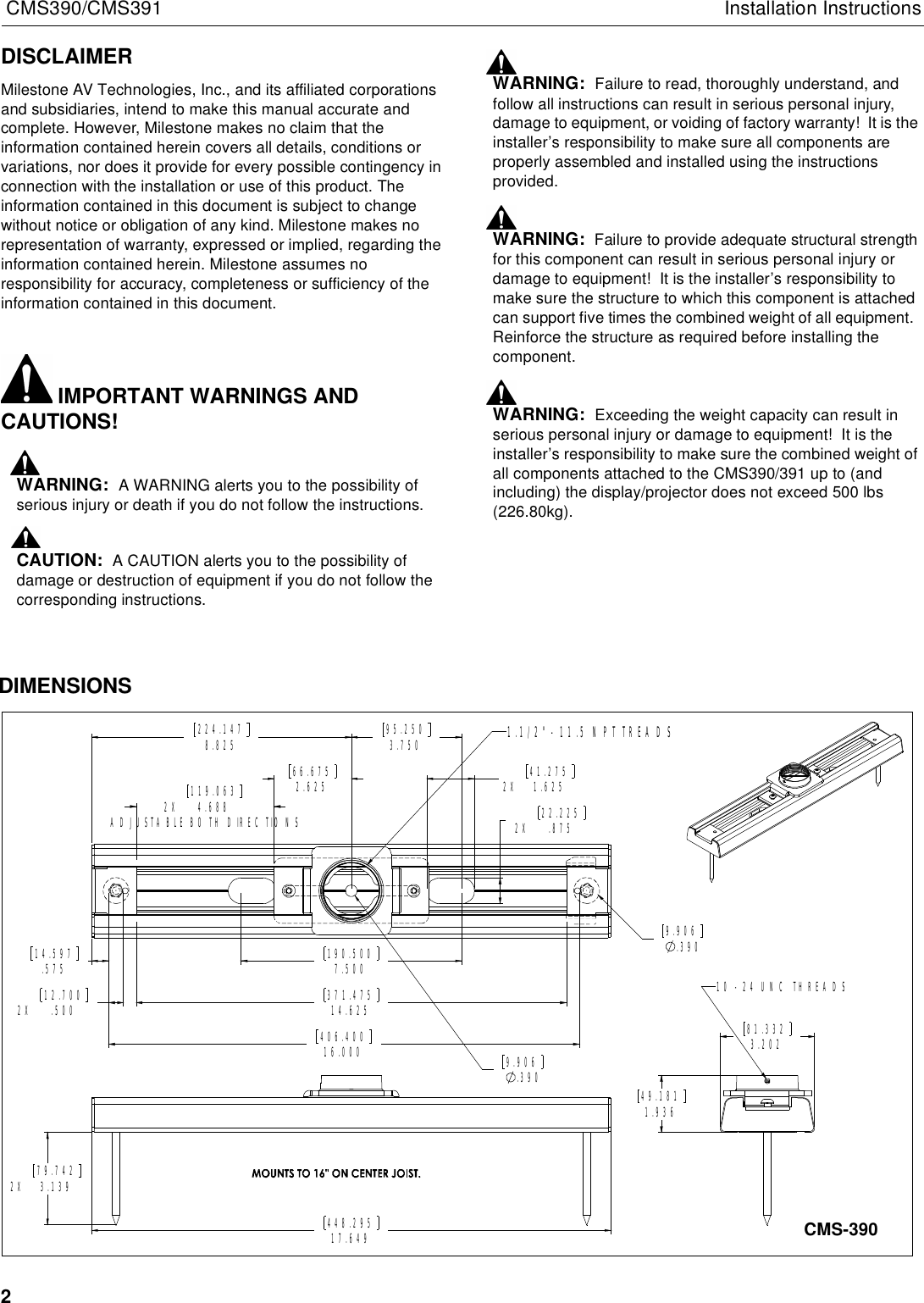 Page 2 of 6 - Chief-Manufacturing Chief-Manufacturing-Cms390-Users-Manual- CMS390-391 INSTALLATION INSTRUCTIONS  Chief-manufacturing-cms390-users-manual