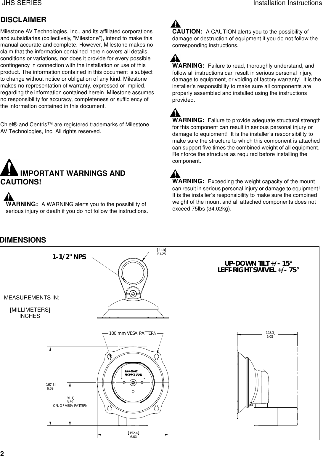 Page 2 of 6 - Chief-Manufacturing Chief-Manufacturing-Jhs-Series-Users-Manual- JHS SERIES INSTALLATION INSTRUCTIONS  Chief-manufacturing-jhs-series-users-manual