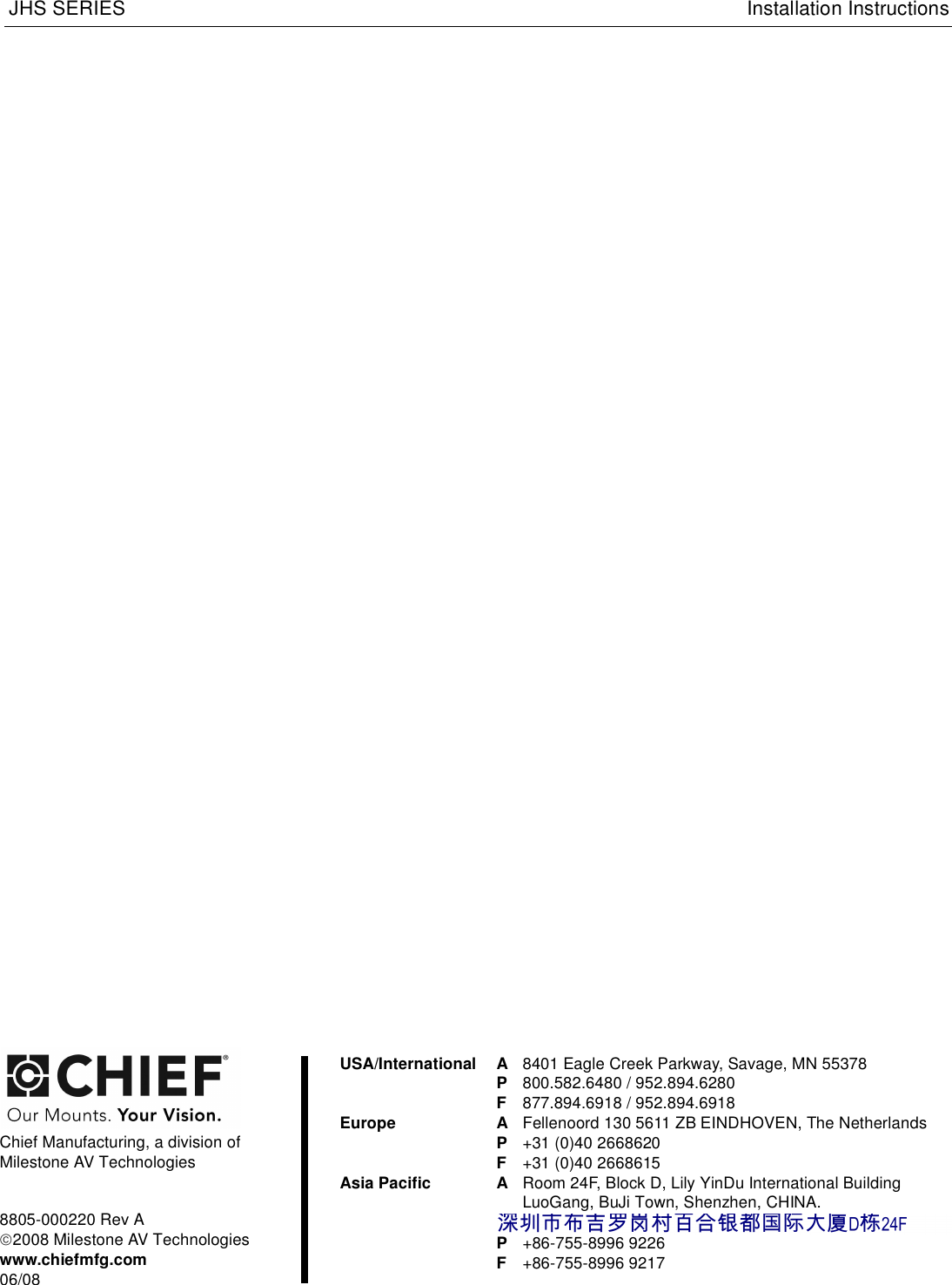 Page 6 of 6 - Chief-Manufacturing Chief-Manufacturing-Jhs-Series-Users-Manual- JHS SERIES INSTALLATION INSTRUCTIONS  Chief-manufacturing-jhs-series-users-manual