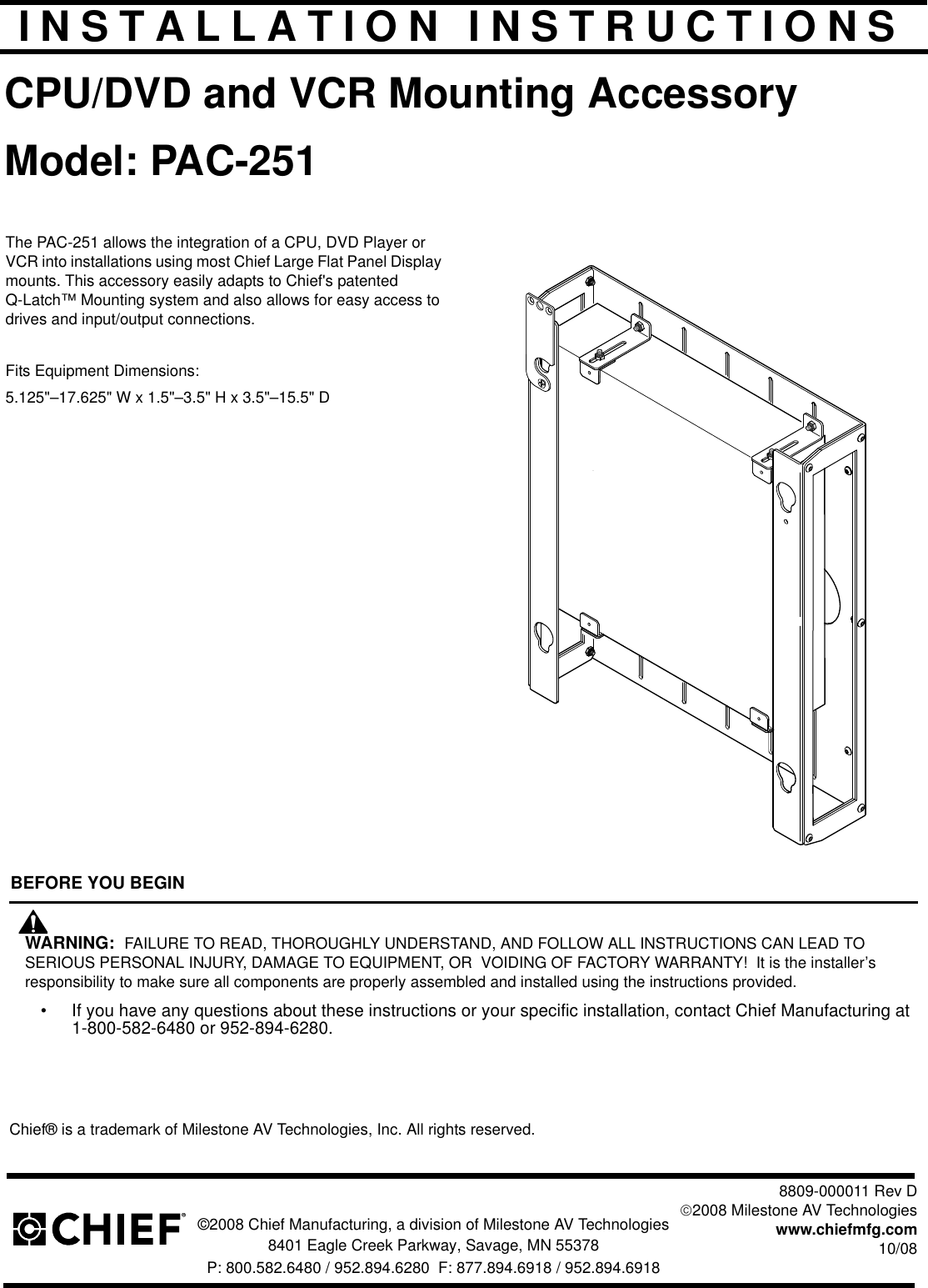 Page 1 of 6 - Chief-Manufacturing Chief-Manufacturing-Pac-251-Users-Manual- PAC251 INSTALLATION INSTRUCTIONS  Chief-manufacturing-pac-251-users-manual