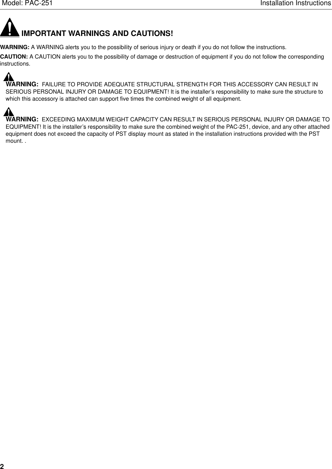 Page 2 of 6 - Chief-Manufacturing Chief-Manufacturing-Pac-251-Users-Manual- PAC251 INSTALLATION INSTRUCTIONS  Chief-manufacturing-pac-251-users-manual