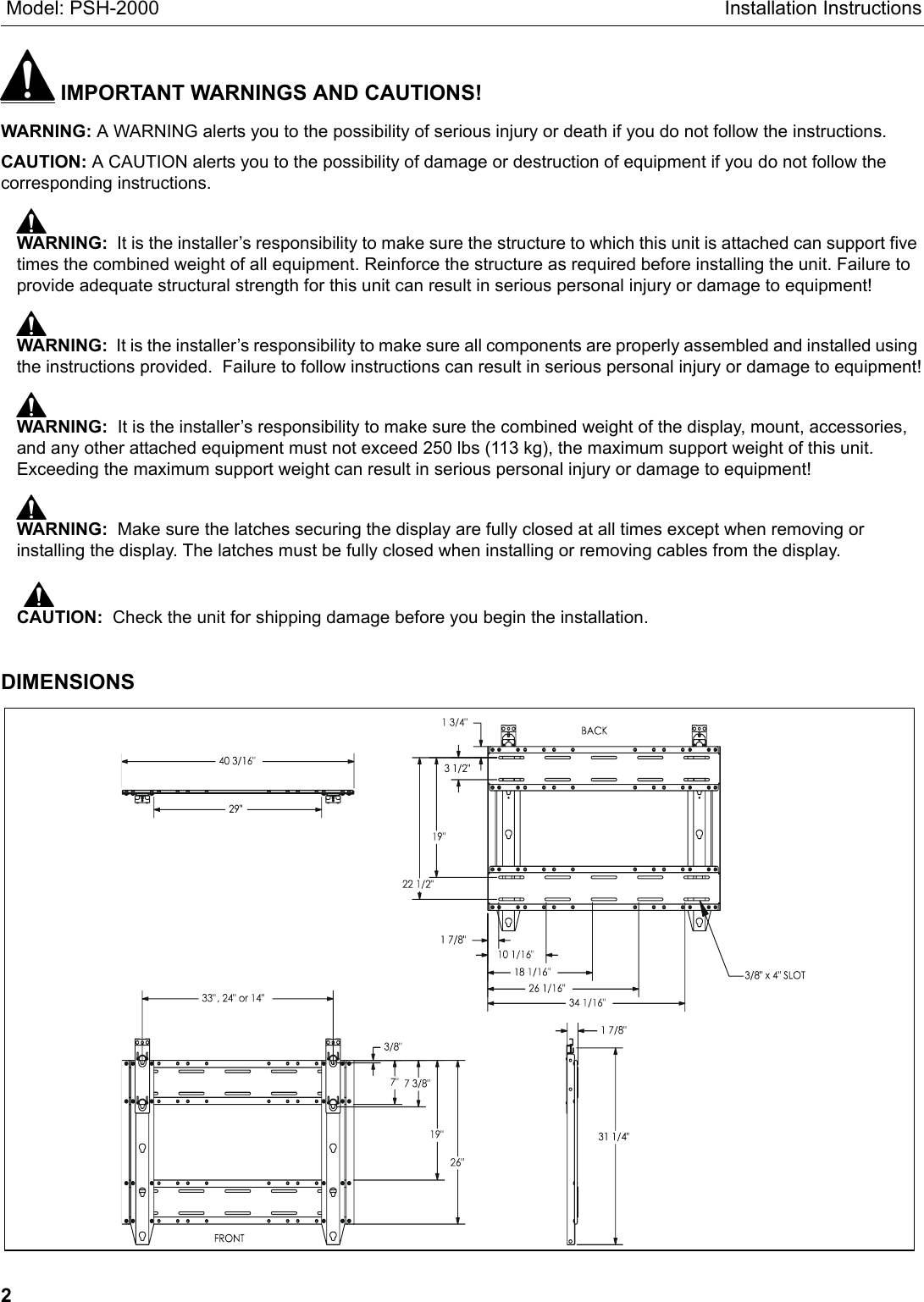 Page 2 of 8 - Chief-Manufacturing Chief-Manufacturing-Psh-2000-Users-Manual- PSH2000 INSTALLATION INSTRUCTIONS  Chief-manufacturing-psh-2000-users-manual