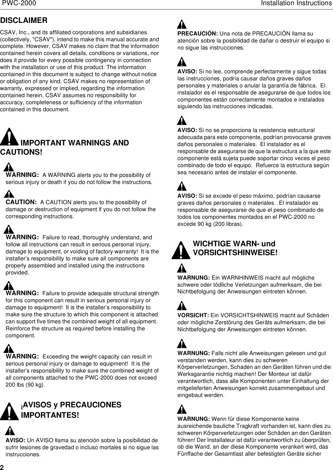 Page 2 of 10 - Chief-Manufacturing Chief-Manufacturing-Pwc-2000-Users-Manual- PWC2000 INSTALLATION INSTRUCTIONS  Chief-manufacturing-pwc-2000-users-manual