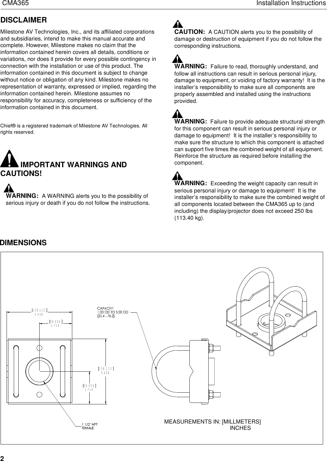 Page 2 of 6 - Chief-Manufacturing Chief-Manufacturing-Truss-Ceiling-Adapter-Cma365-Users-Manual- CMA365 INSTALLATION INSTRUCTIONS  Chief-manufacturing-truss-ceiling-adapter-cma365-users-manual