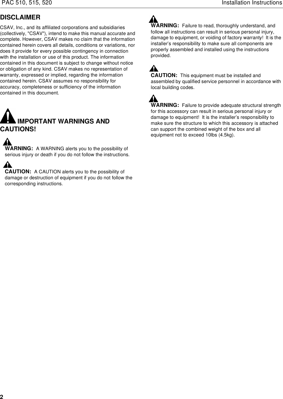 Page 2 of 8 - Chief-Manufacturing Chief-Manufacturing-Ventilation-Hood-Pac510-Users-Manual- PAC510-515-520 INSTALLATION INSTRUCTIONS  Chief-manufacturing-ventilation-hood-pac510-users-manual