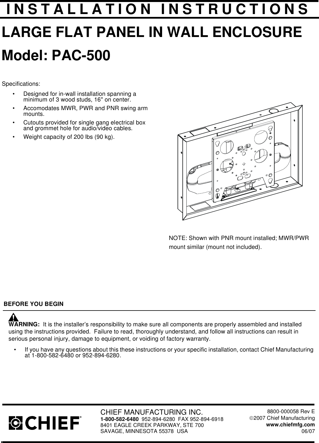 Page 1 of 8 - Chief Chief-Tv-Mount-Pac-500-Users-Manual- PAC500 INSTALLATION INSTRUCTIONS  Chief-tv-mount-pac-500-users-manual