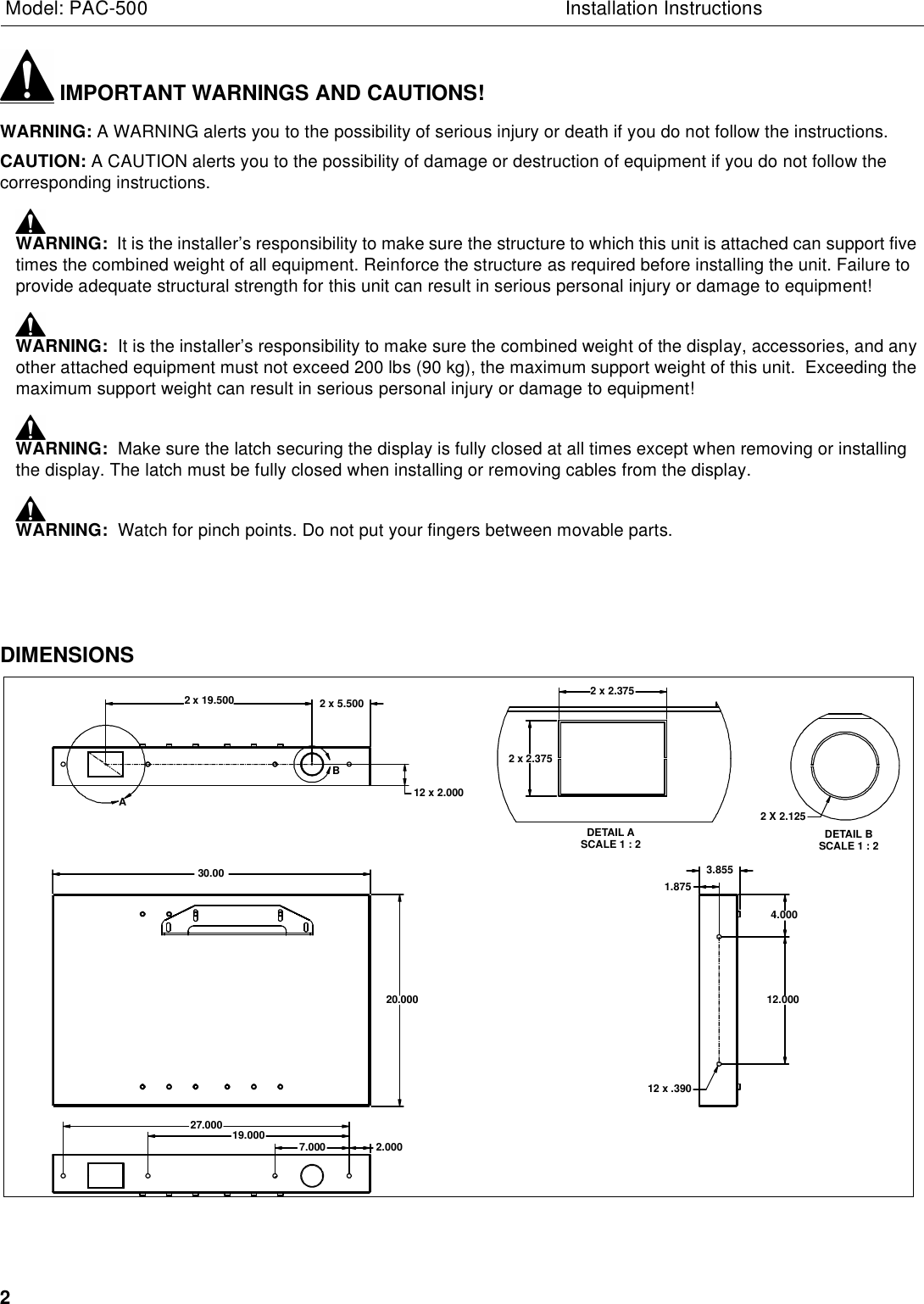 Page 2 of 8 - Chief Chief-Tv-Mount-Pac-500-Users-Manual- PAC500 INSTALLATION INSTRUCTIONS  Chief-tv-mount-pac-500-users-manual