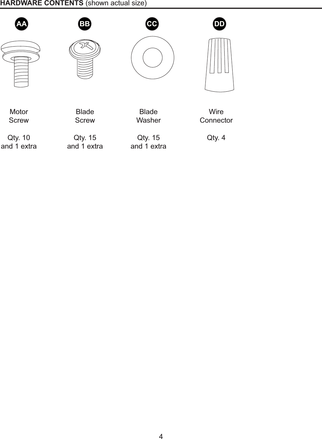 4HARDWARE CONTENTS (shown actual size)AA BB CC DDMotorScrewQty. 10and 1 extraBladeScrewQty. 15and 1 extraBladeWasherQty. 15and 1 extraWireConnectorQty. 4