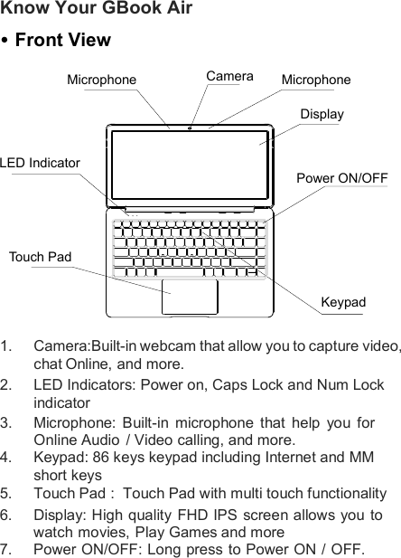 Know Your GBook AirFront View1.  Camera:Built-in webcam that allow you to capture video, chat Online, and more.  2.  LED Indicators: Power on, Caps Lock and Num Lock indicator 3.  Microphone: Built-in  microphone  that  help  you  for   Online Audio  / Video calling, and more.  4.  Keypad: 86 keys keypad including Internet and MM short keys     5.  Touch Pad :  Touch Pad with multi touch functionality 6.  Display: High quality FHD IPS screen allows you to watch movies, Play Games and more 7.  Power ON/OFF: Long press to Power ON / OFF. KeypadPower ON/OFFDisplayMicrophoneCameraMicrophoneLED IndicatorTouch Pad
